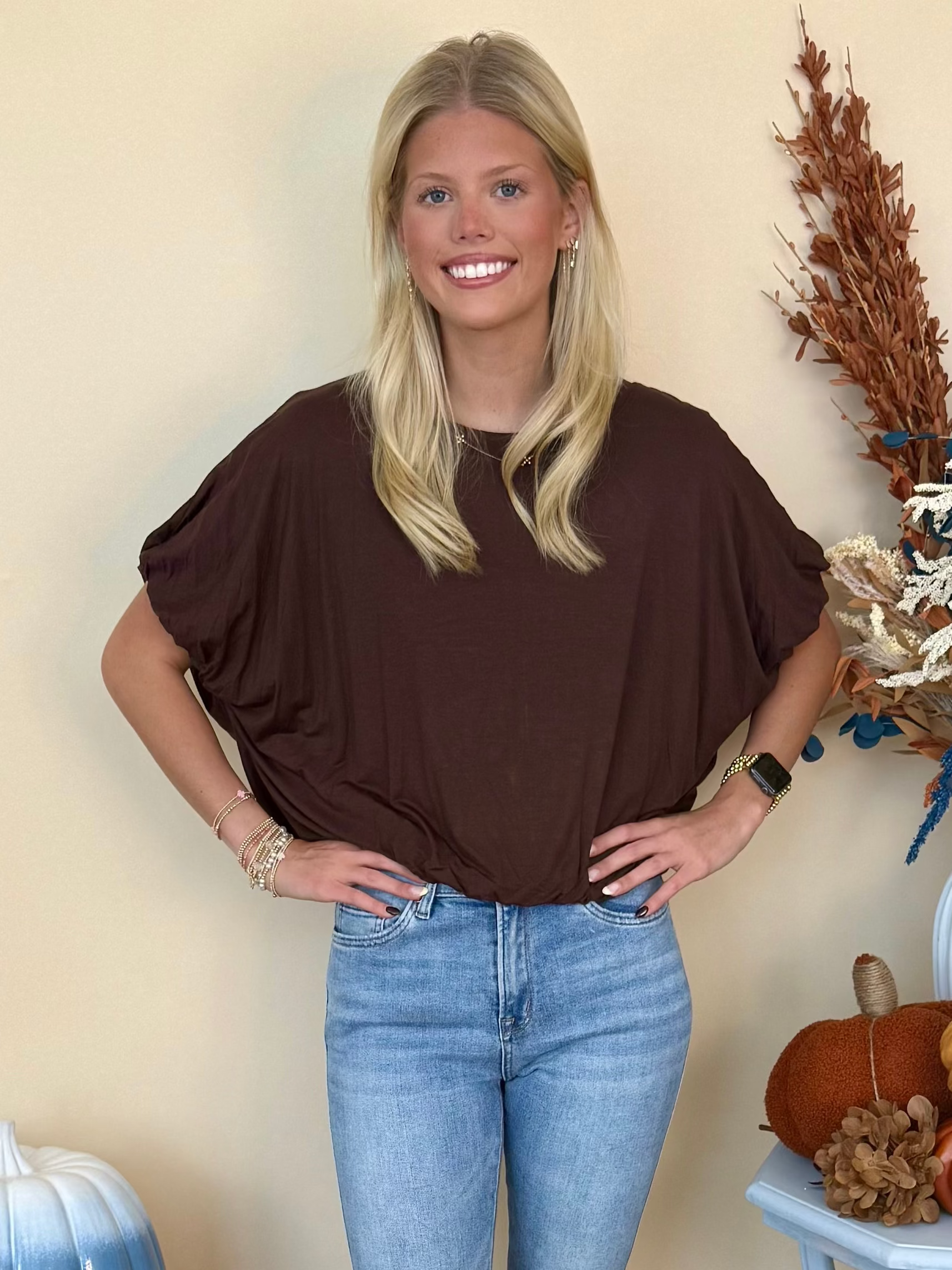Best Dressed Brown Bamboo Bubble Sleeve Hem Top-Shop-Womens-Boutique-Clothing