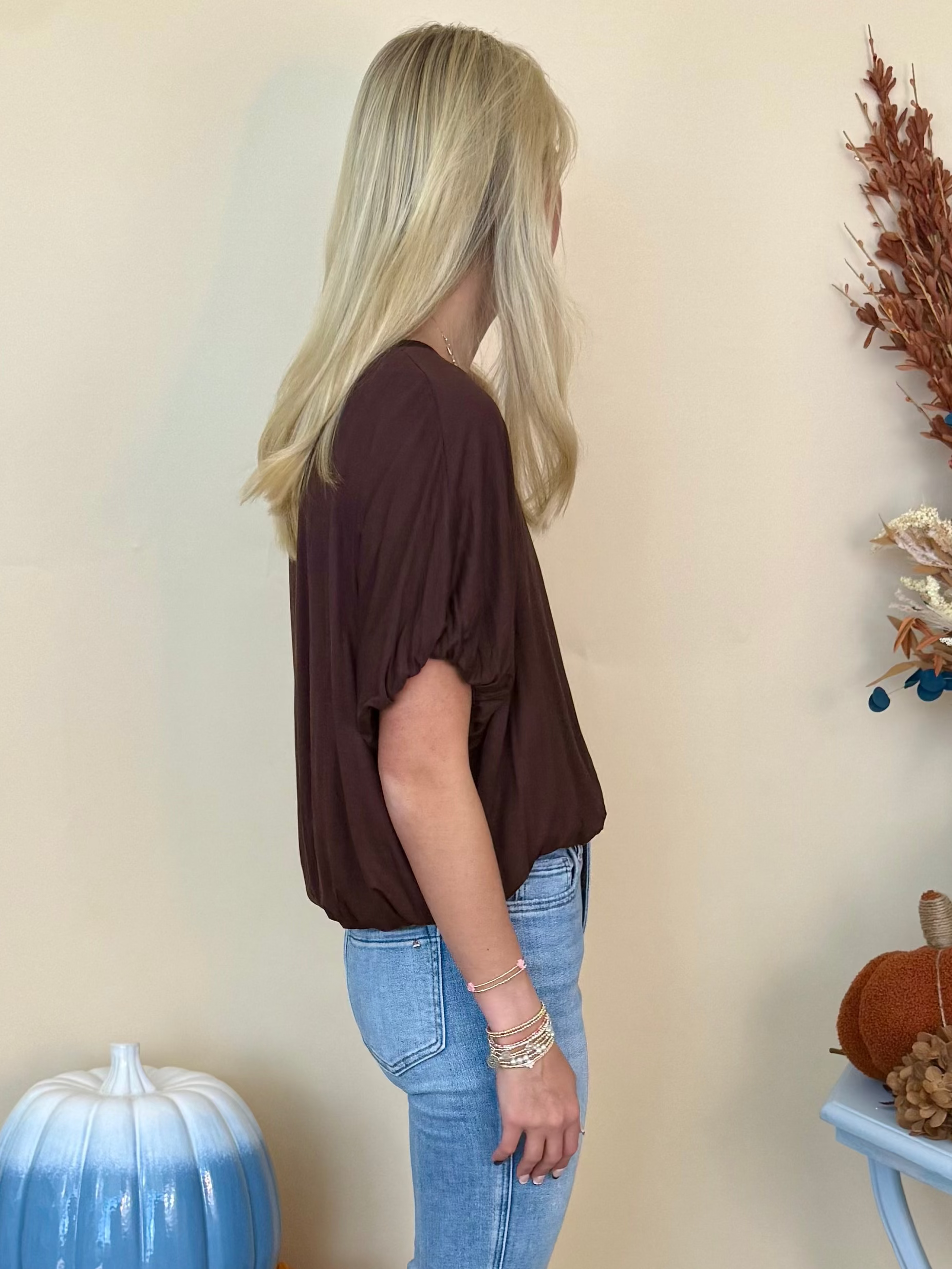 Best Dressed Brown Bamboo Bubble Sleeve Hem Top-Shop-Womens-Boutique-Clothing