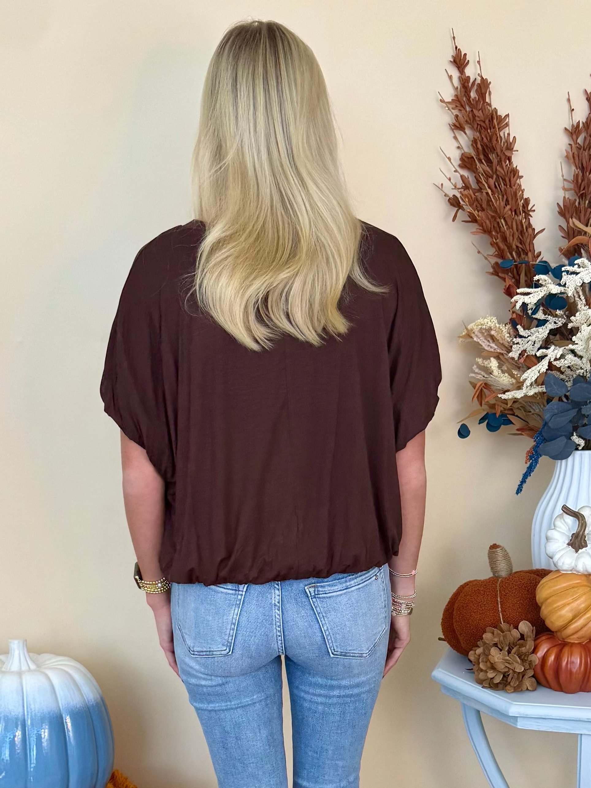 Best Dressed Brown Bamboo Bubble Sleeve Hem Top-Shop-Womens-Boutique-Clothing