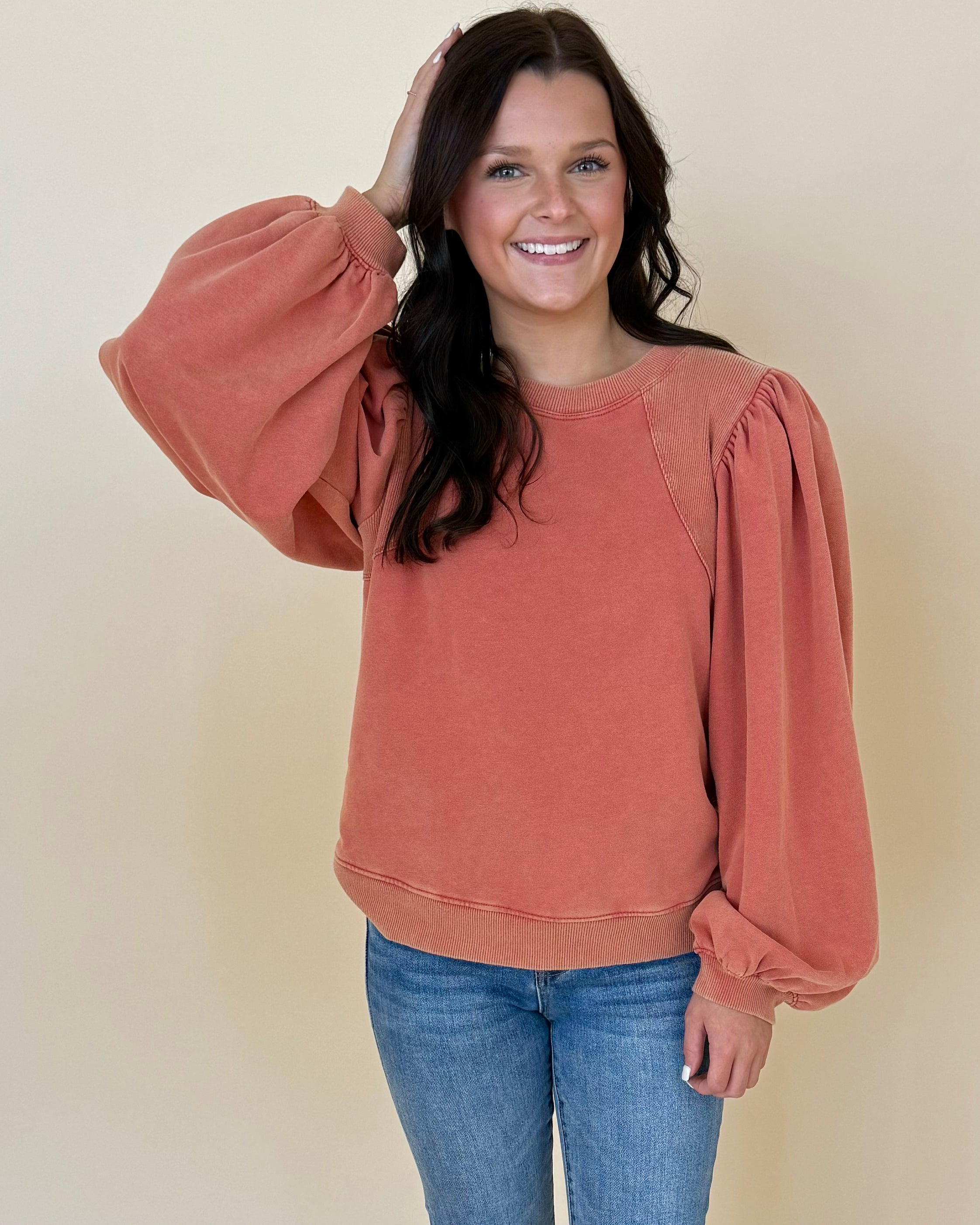 Beyond Me Brick Puff Sleeve Sweatshirt-Shop-Womens-Boutique-Clothing