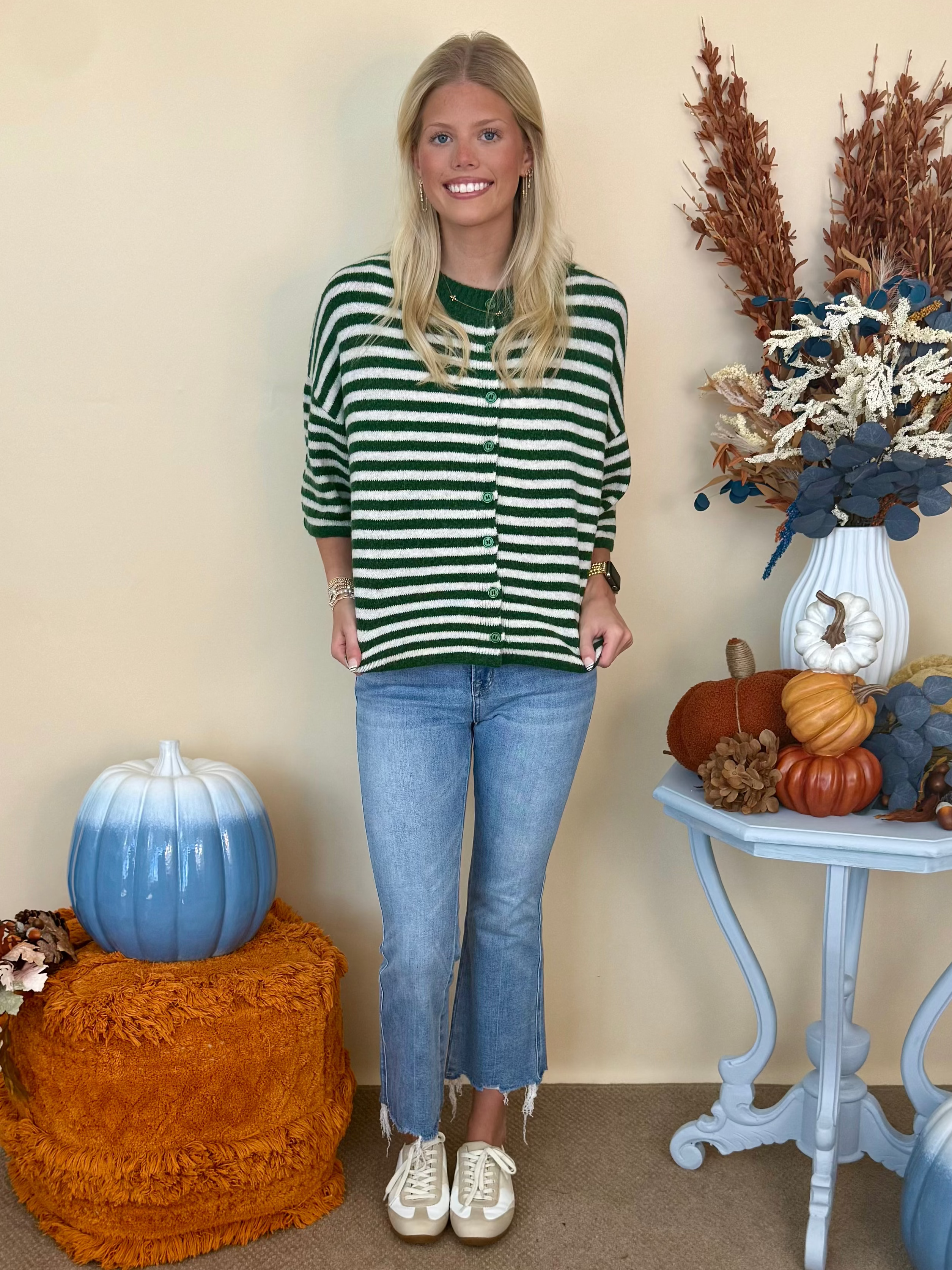 Thoughtfully Made Dk Green Striped Short Sleeve Knit Cardigan-Shop-Womens-Boutique-Clothing