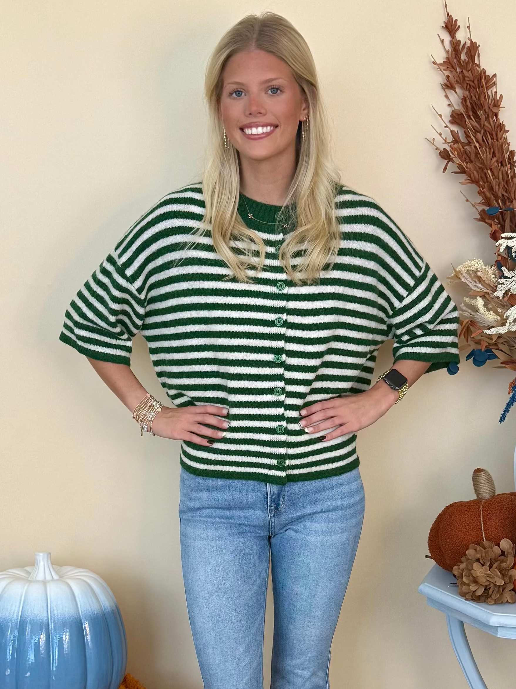 Thoughtfully Made Dk Green Striped Short Sleeve Knit Cardigan-Shop-Womens-Boutique-Clothing