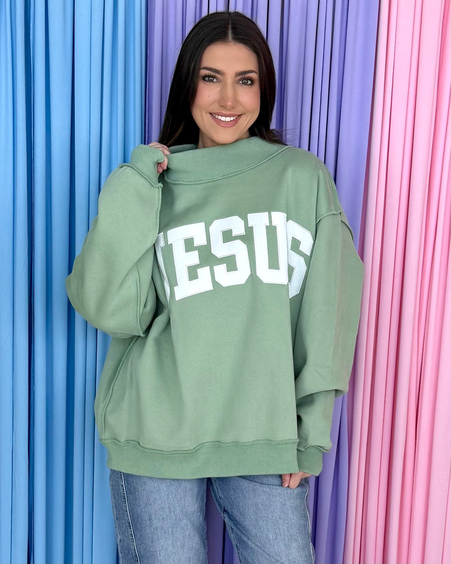 Sage “Jesus” Mock Neck Sweatshirt-Shop-Womens-Boutique-Clothing
