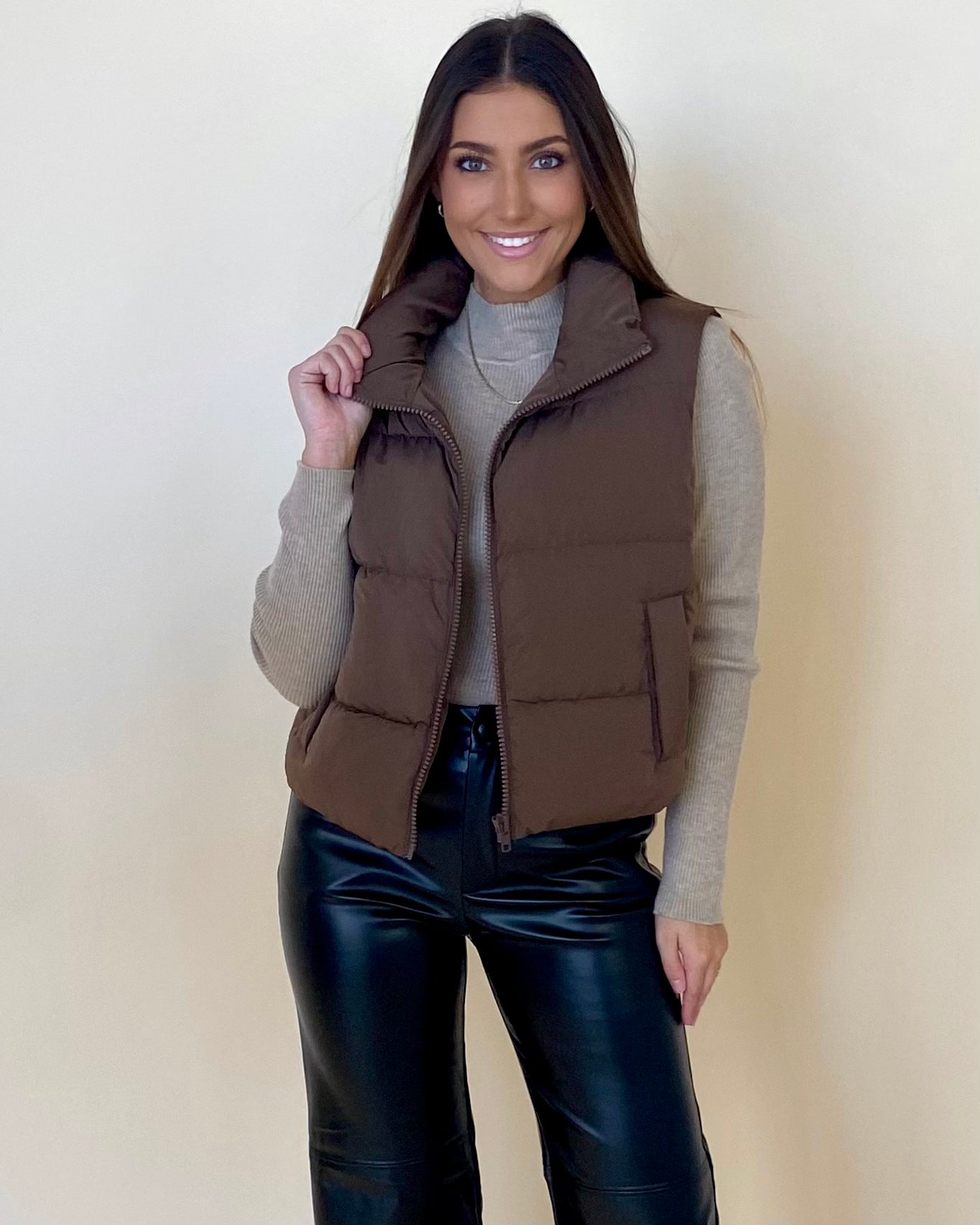 Modern Days Chocolate Cropped Puffer Vest-Shop-Womens-Boutique-Clothing