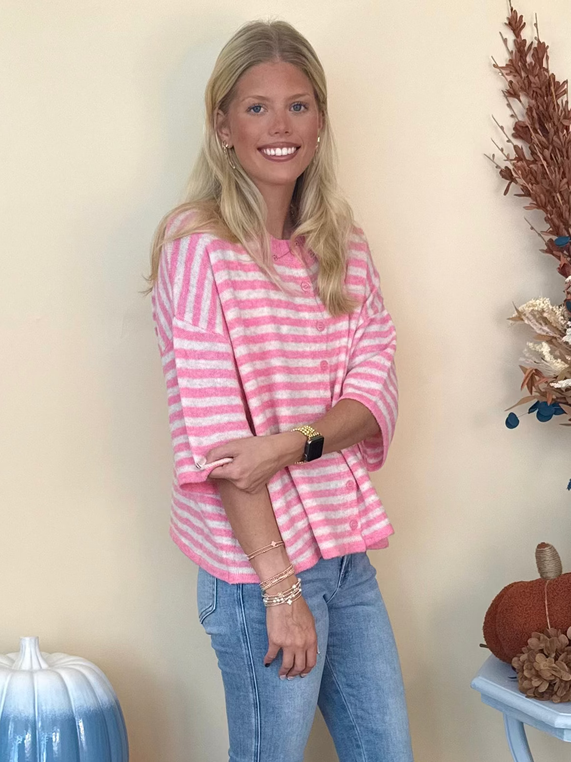 Thoughtfully Made Candy Pink Striped Short Sleeve Knit Cardigan-Shop-Womens-Boutique-Clothing