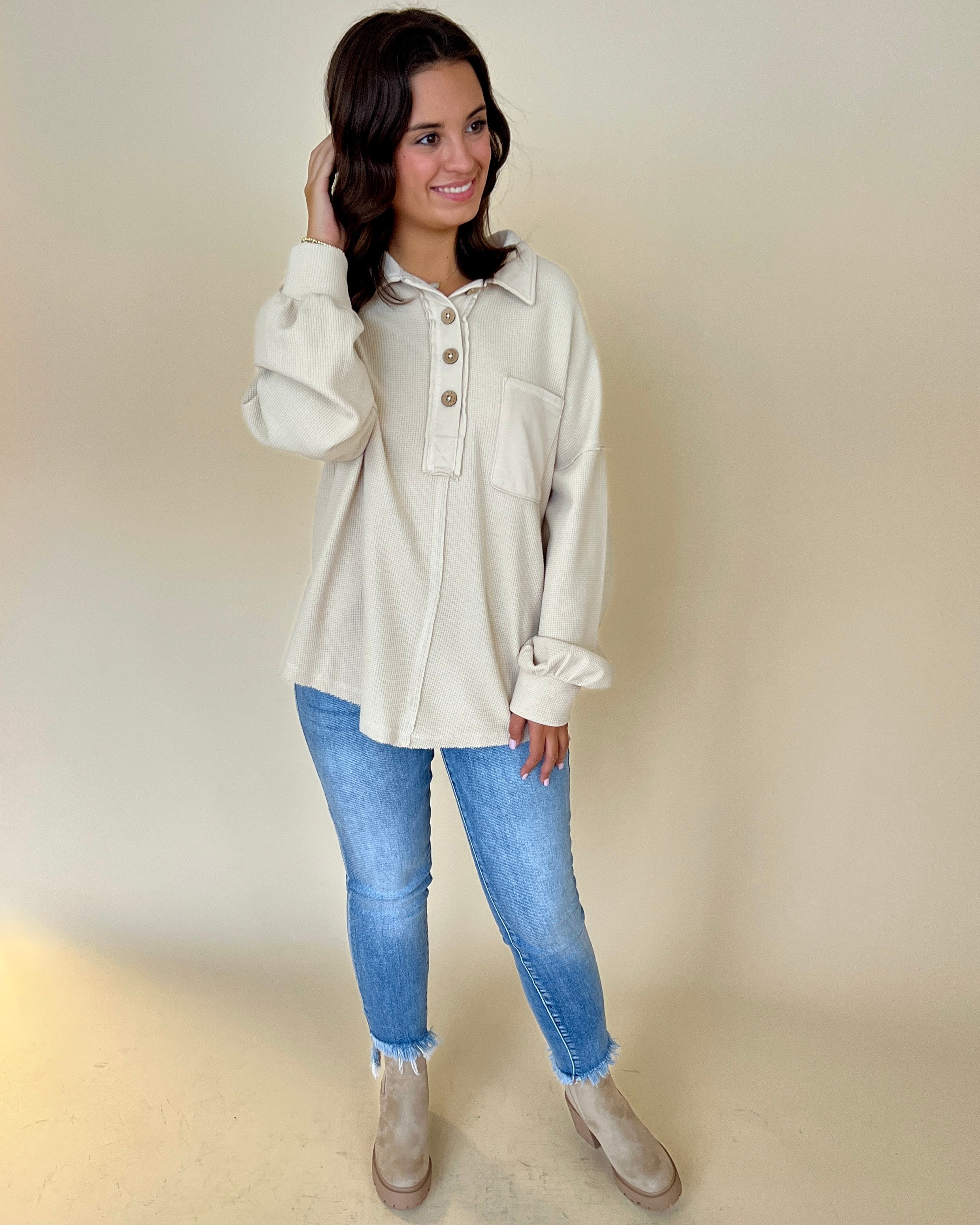 Cozy Outing Beige Waffle Collared Pocket Top-Shop-Womens-Boutique-Clothing