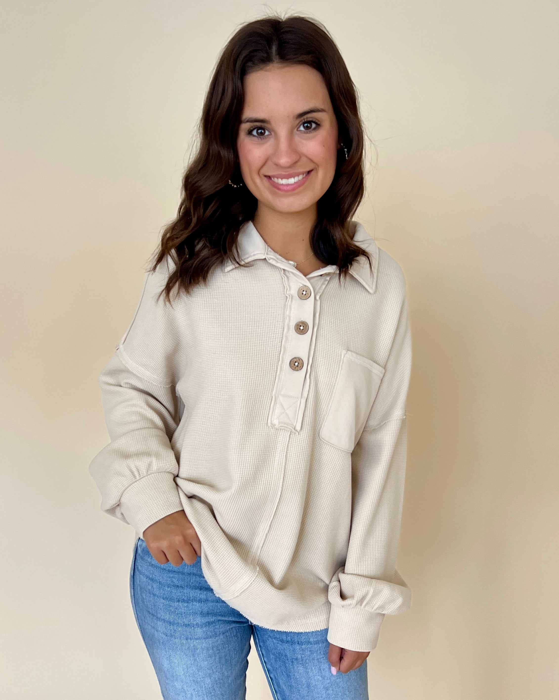 Cozy Outing Beige Waffle Collared Pocket Top-Shop-Womens-Boutique-Clothing