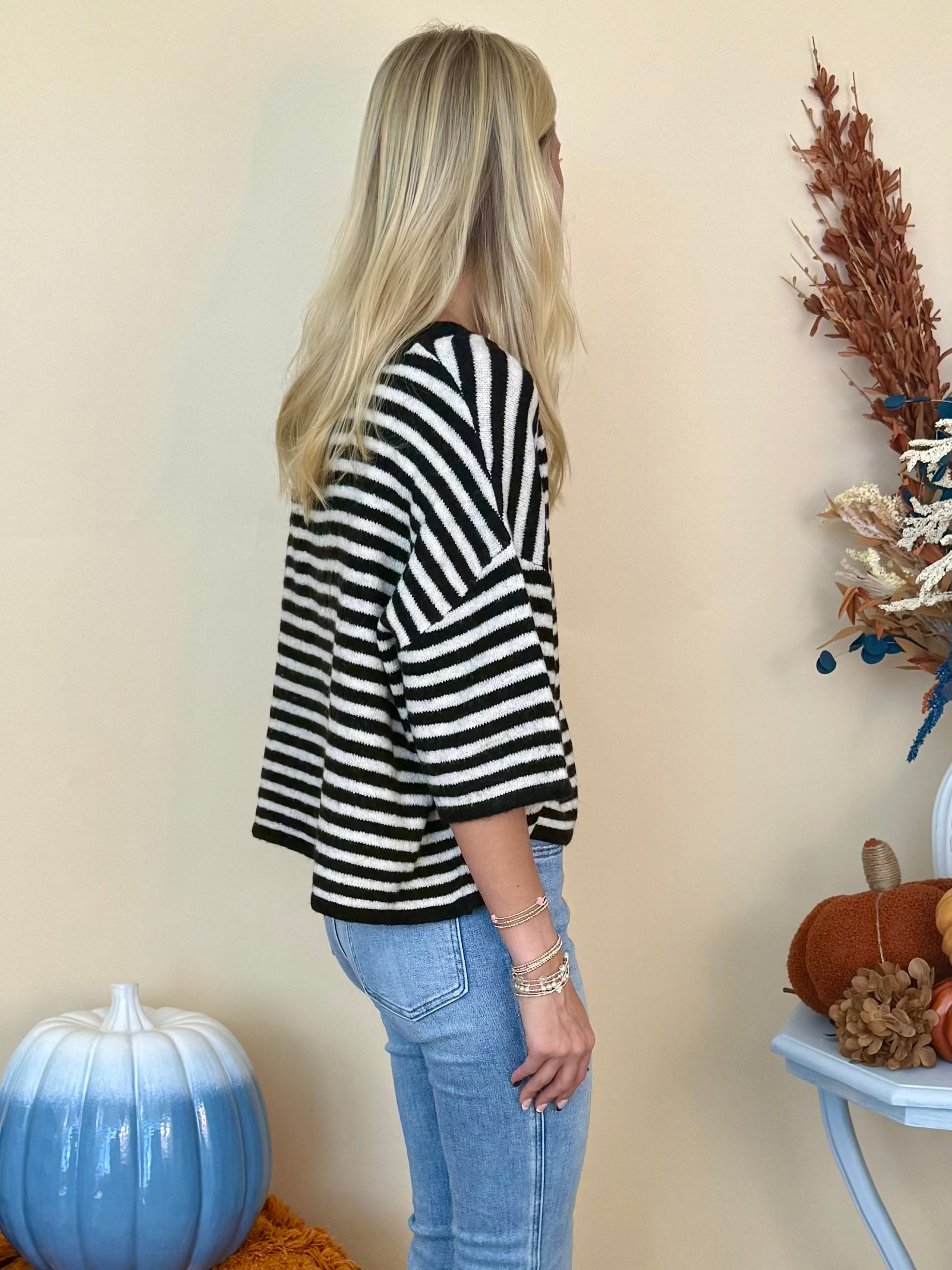 Thoughtfully Made Black Striped Short Sleeve Knit Cardigan-Shop-Womens-Boutique-Clothing