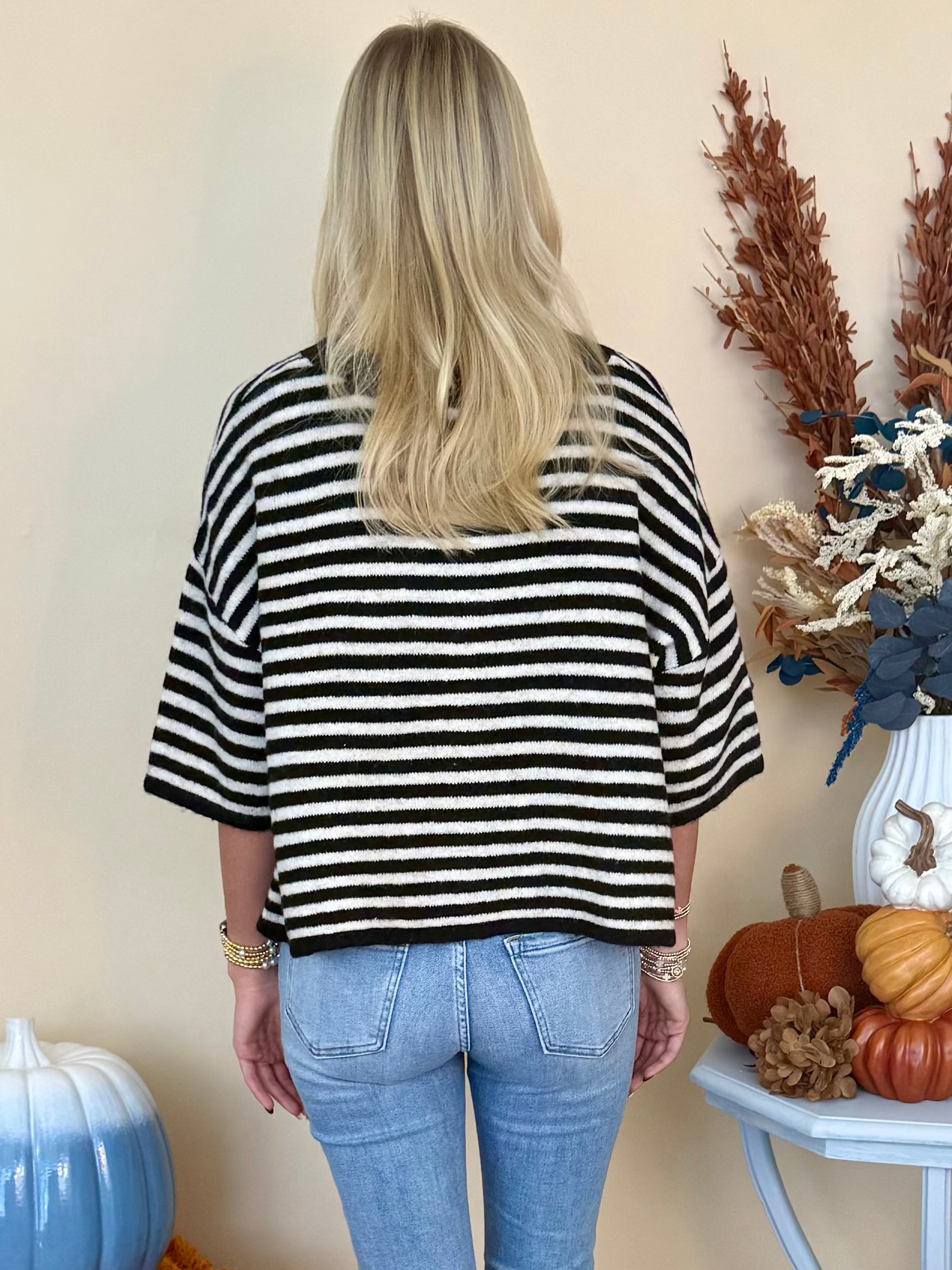 Thoughtfully Made Black Striped Short Sleeve Knit Cardigan-Shop-Womens-Boutique-Clothing