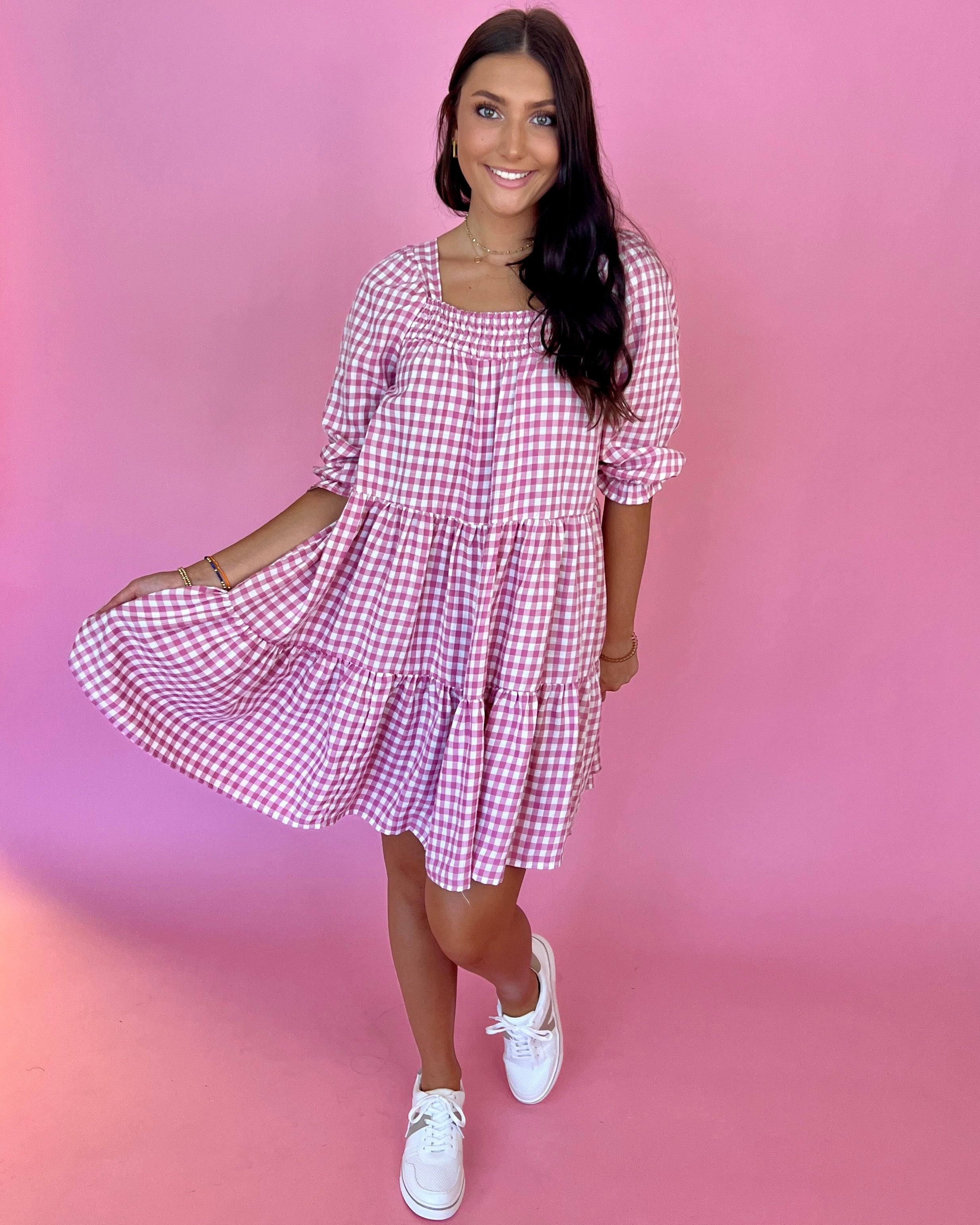 Put You In Check Pink Gingham Puff Sleeve Dress-Shop-Womens-Boutique-Clothing