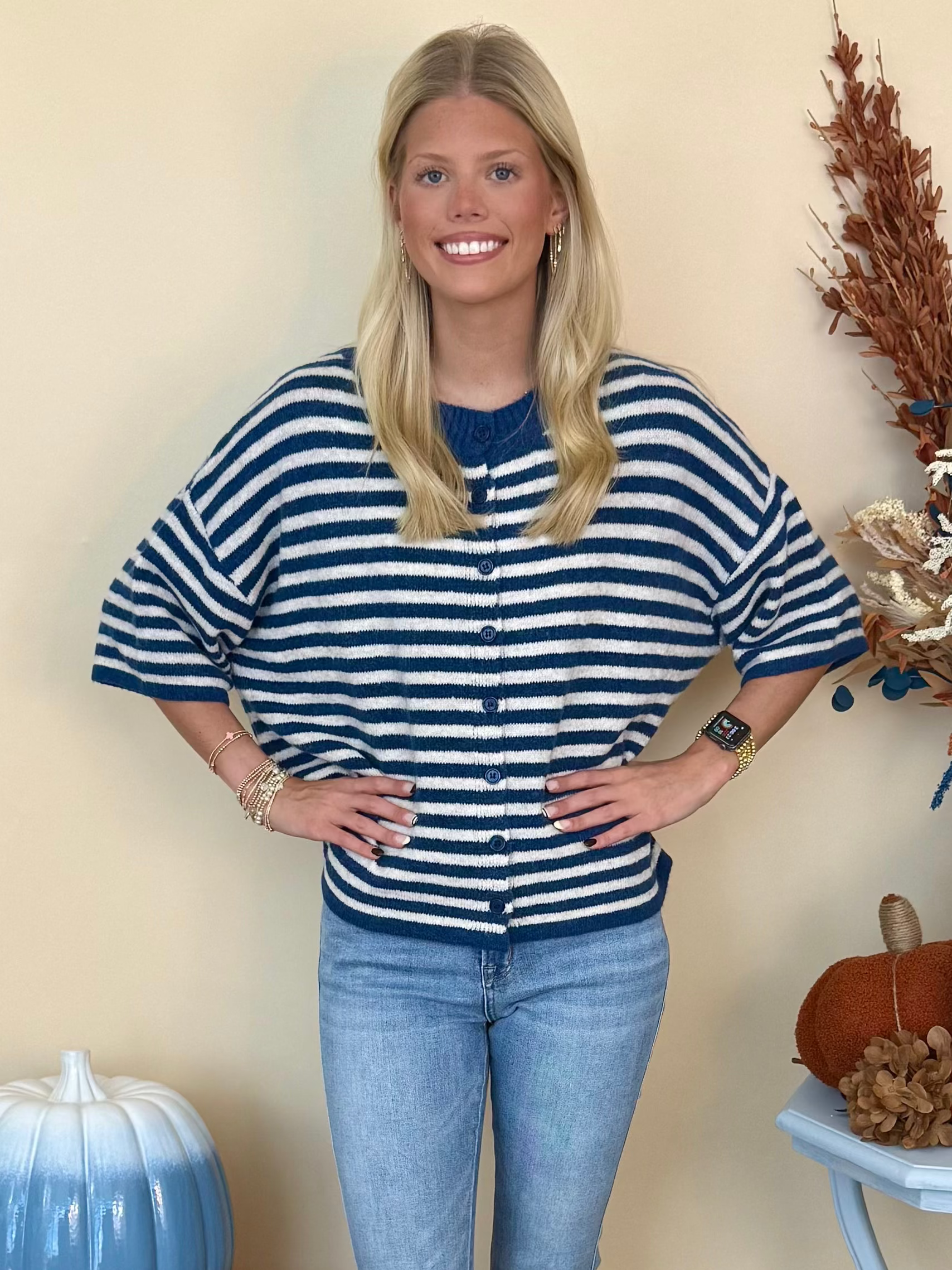 Thoughtfully Made Navy Striped Short Sleeve Knit Cardigan-Shop-Womens-Boutique-Clothing