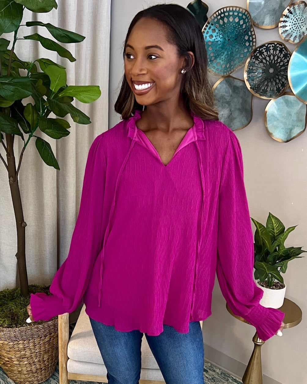More Than Me Magenta Crinkle Top-Shop-Womens-Boutique-Clothing