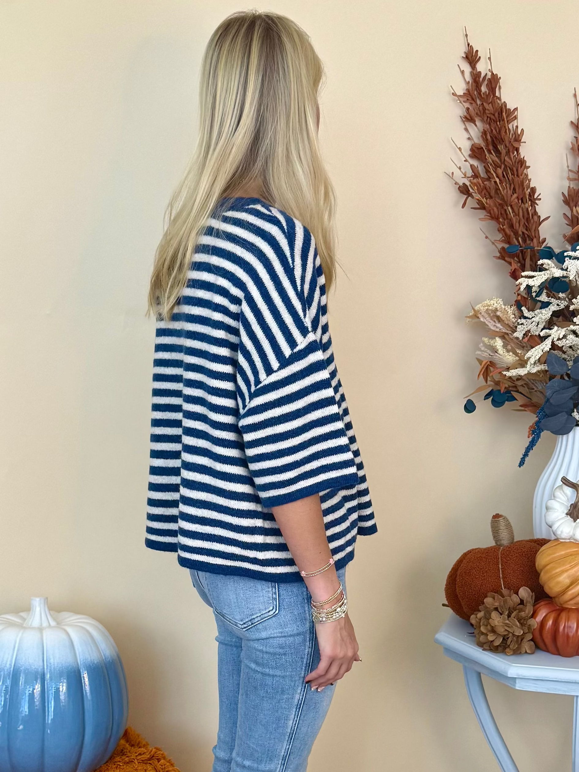 Thoughtfully Made Navy Striped Short Sleeve Knit Cardigan-Shop-Womens-Boutique-Clothing