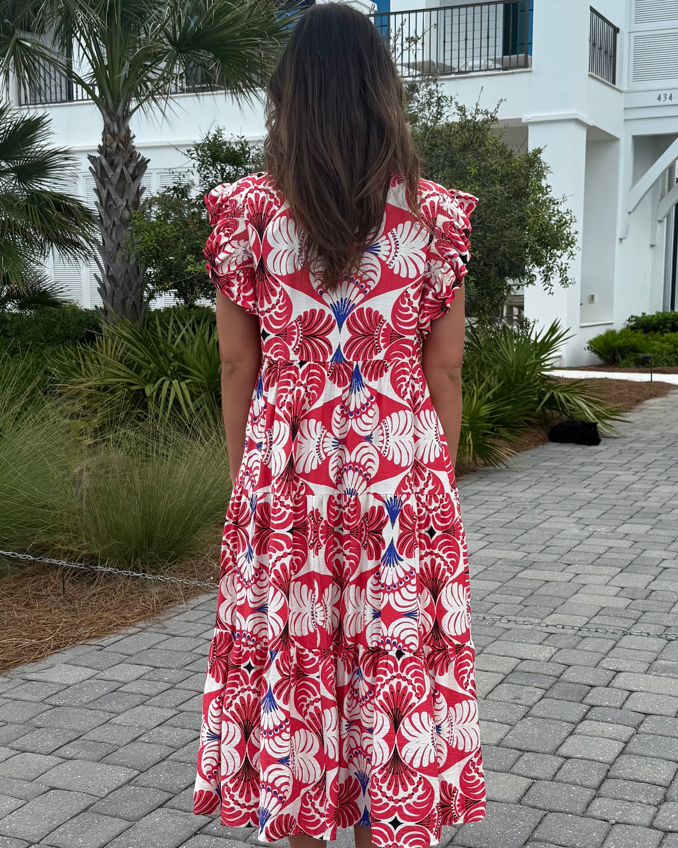 Everyday Bliss Red Geo Floral Midi Dress-Shop-Womens-Boutique-Clothing