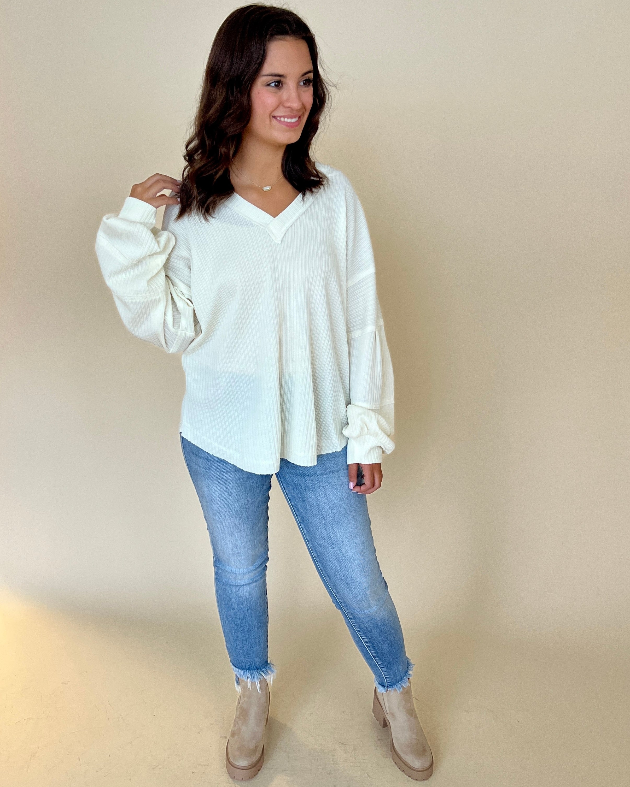 Daring Stares Cream Ribbed Balloon Sleeve Top-Shop-Womens-Boutique-Clothing