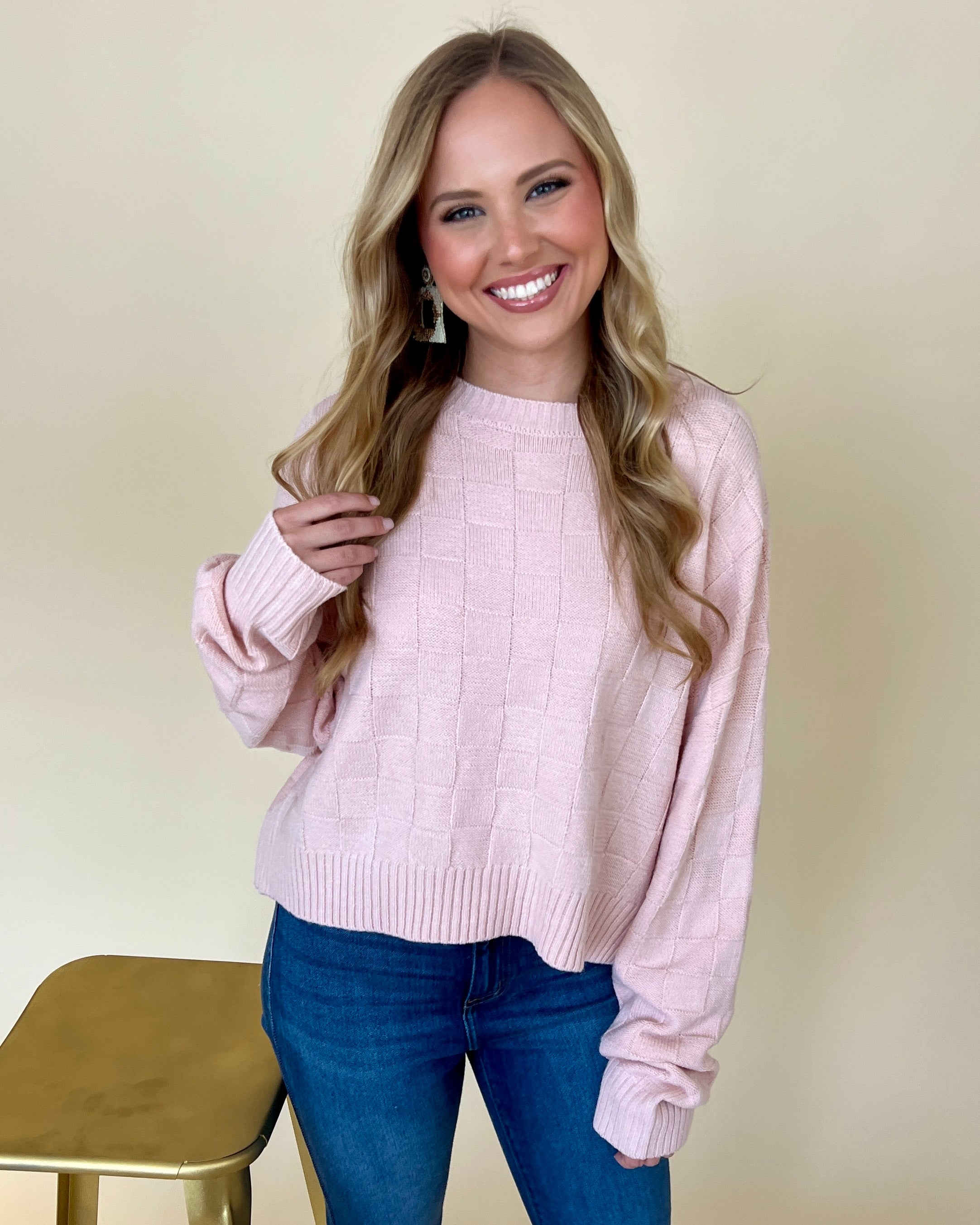 Crushing On You Dusty Pink Checkered Texture Sweater-Shop-Womens-Boutique-Clothing