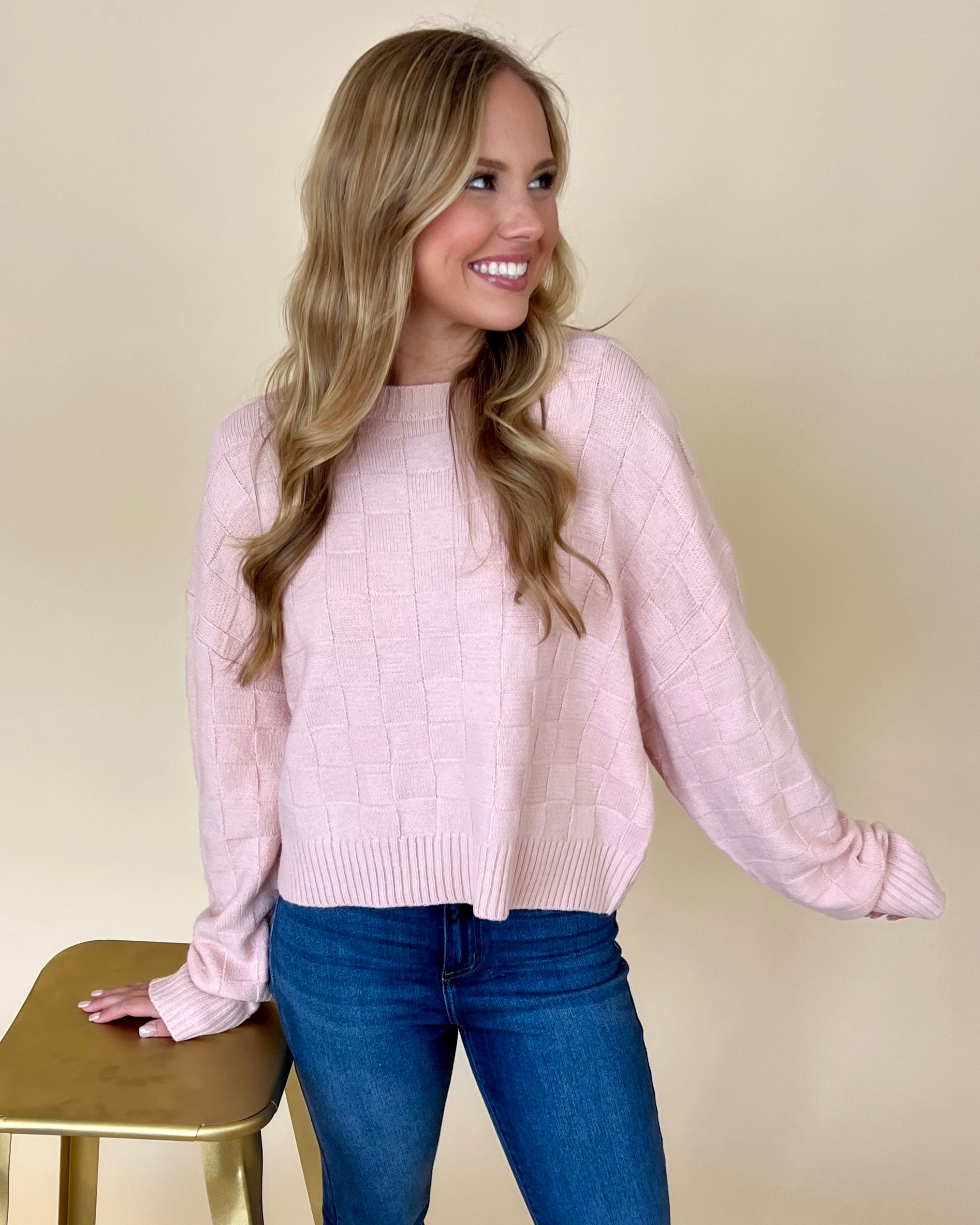 Crushing On You Dusty Pink Checkered Texture Sweater-Shop-Womens-Boutique-Clothing