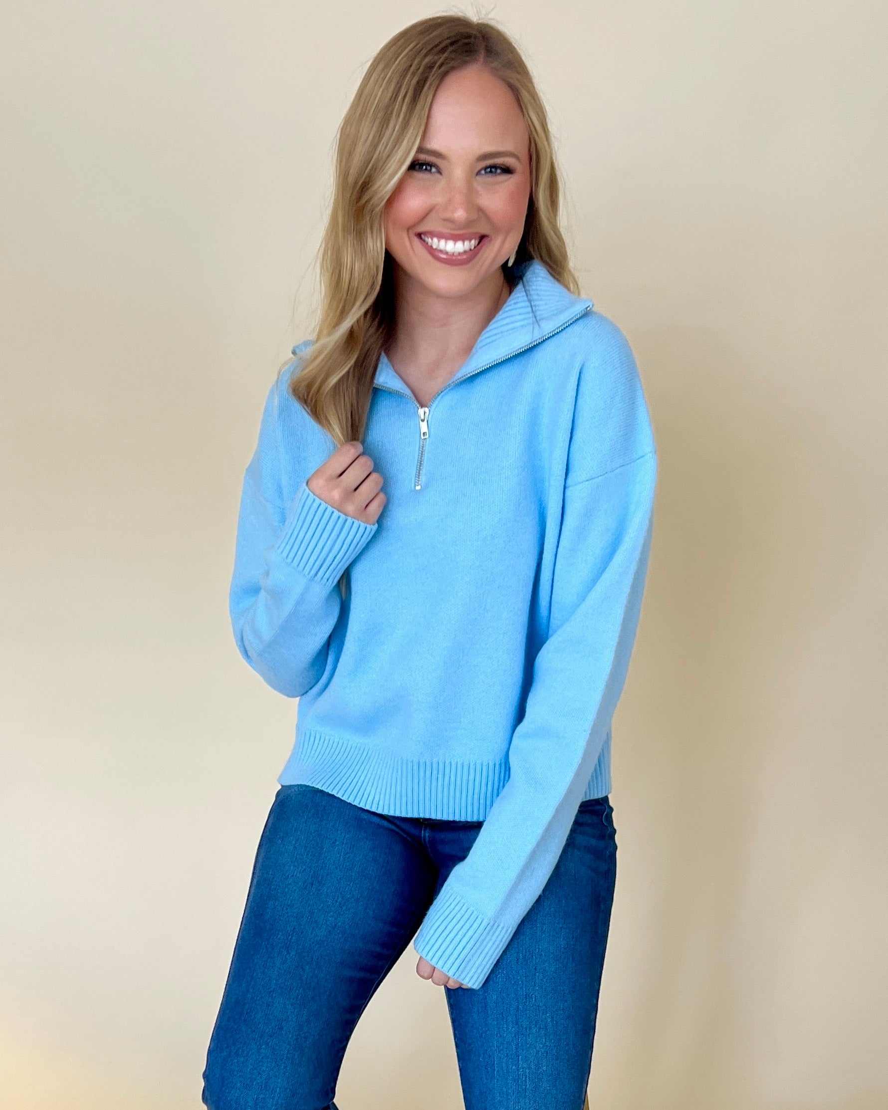 Day Dreaming Clear Sky Zip Up Collared Sweater-Shop-Womens-Boutique-Clothing