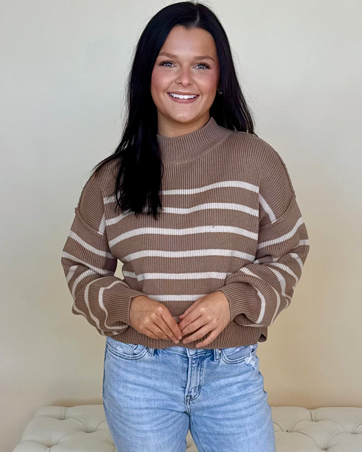 Rewrite Stories Cocoa Striped Mock Sweater-Shop-Womens-Boutique-Clothing