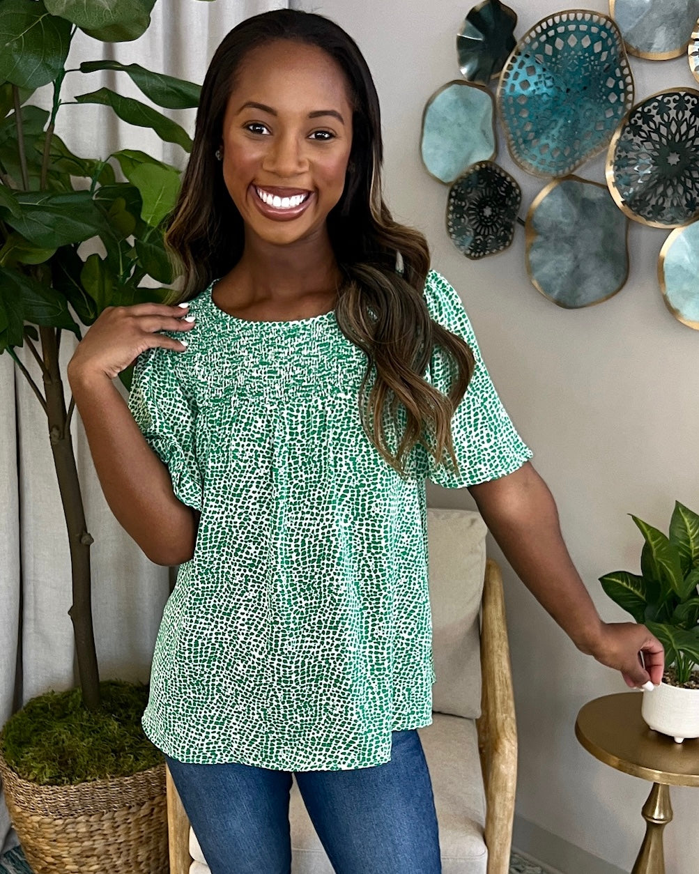 On Point Green Spotted Smocked Top-Shop-Womens-Boutique-Clothing