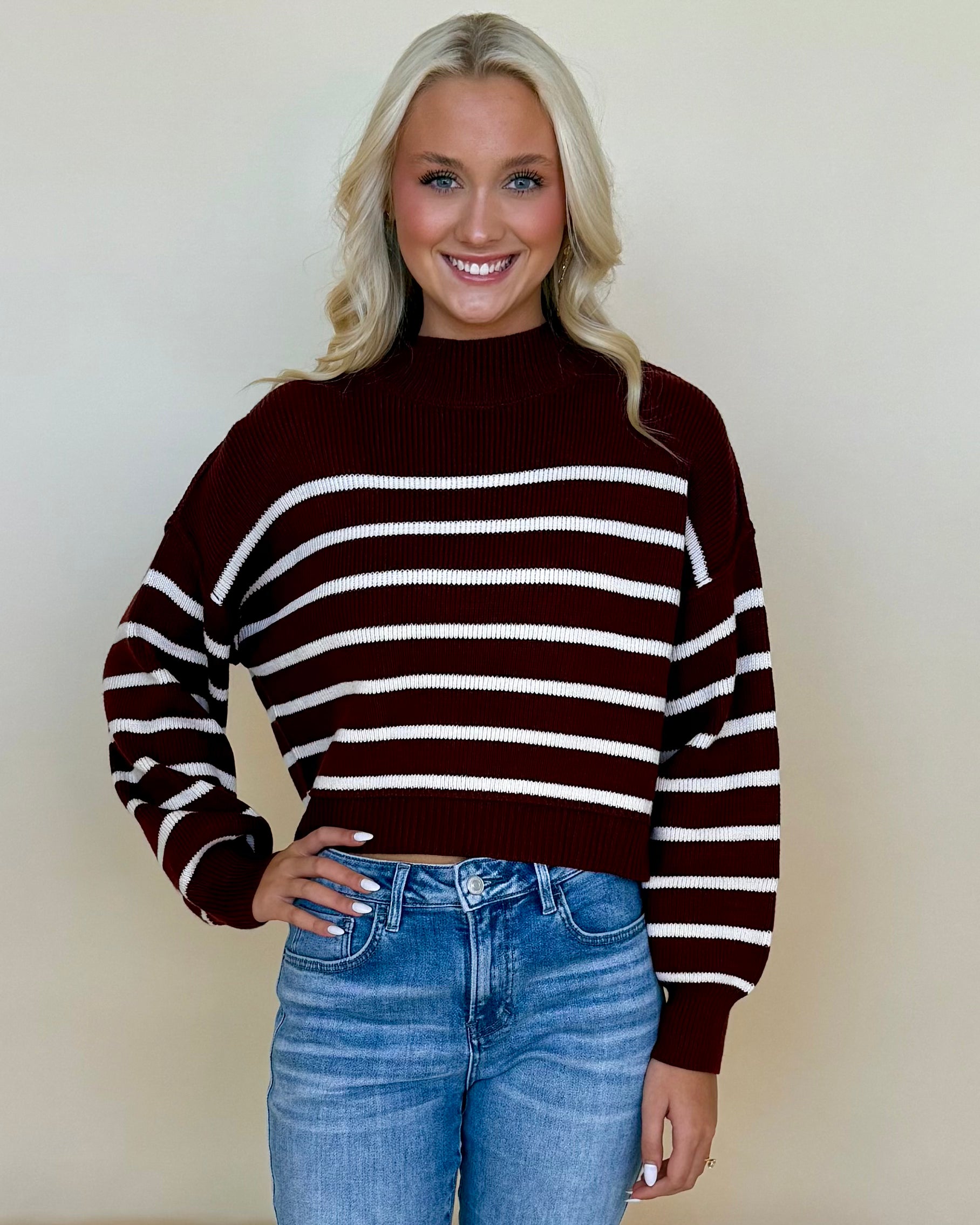 Rewrite Stories Oxblood Striped Mock Sweater-Shop-Womens-Boutique-Clothing