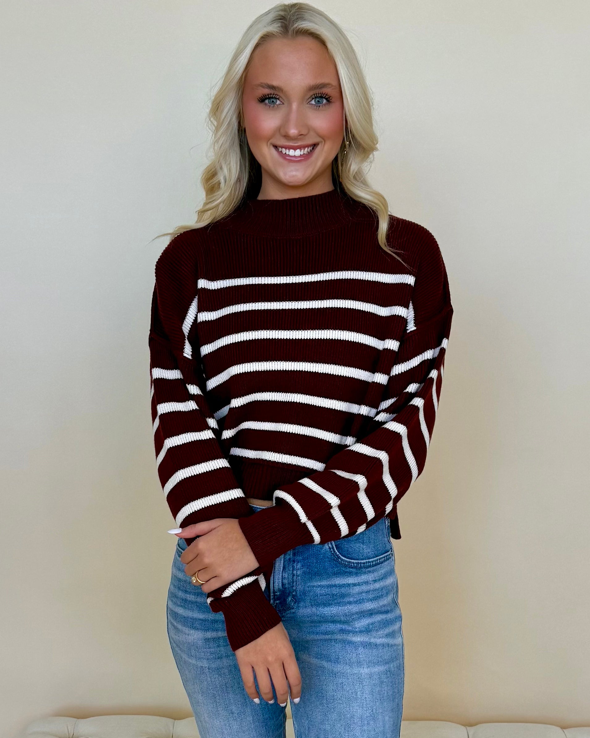 Rewrite Stories Oxblood Striped Mock Sweater-Shop-Womens-Boutique-Clothing