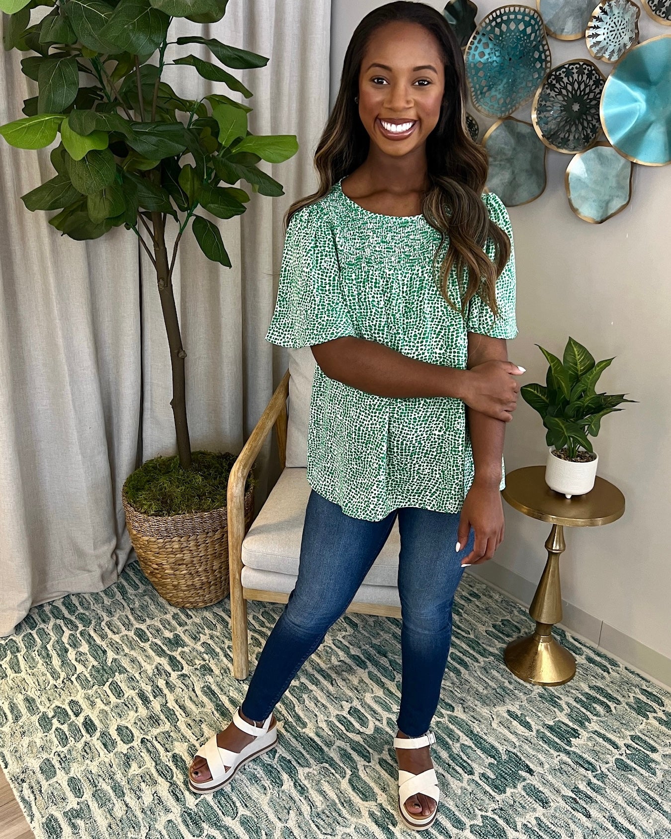 On Point Green Spotted Smocked Top-Shop-Womens-Boutique-Clothing