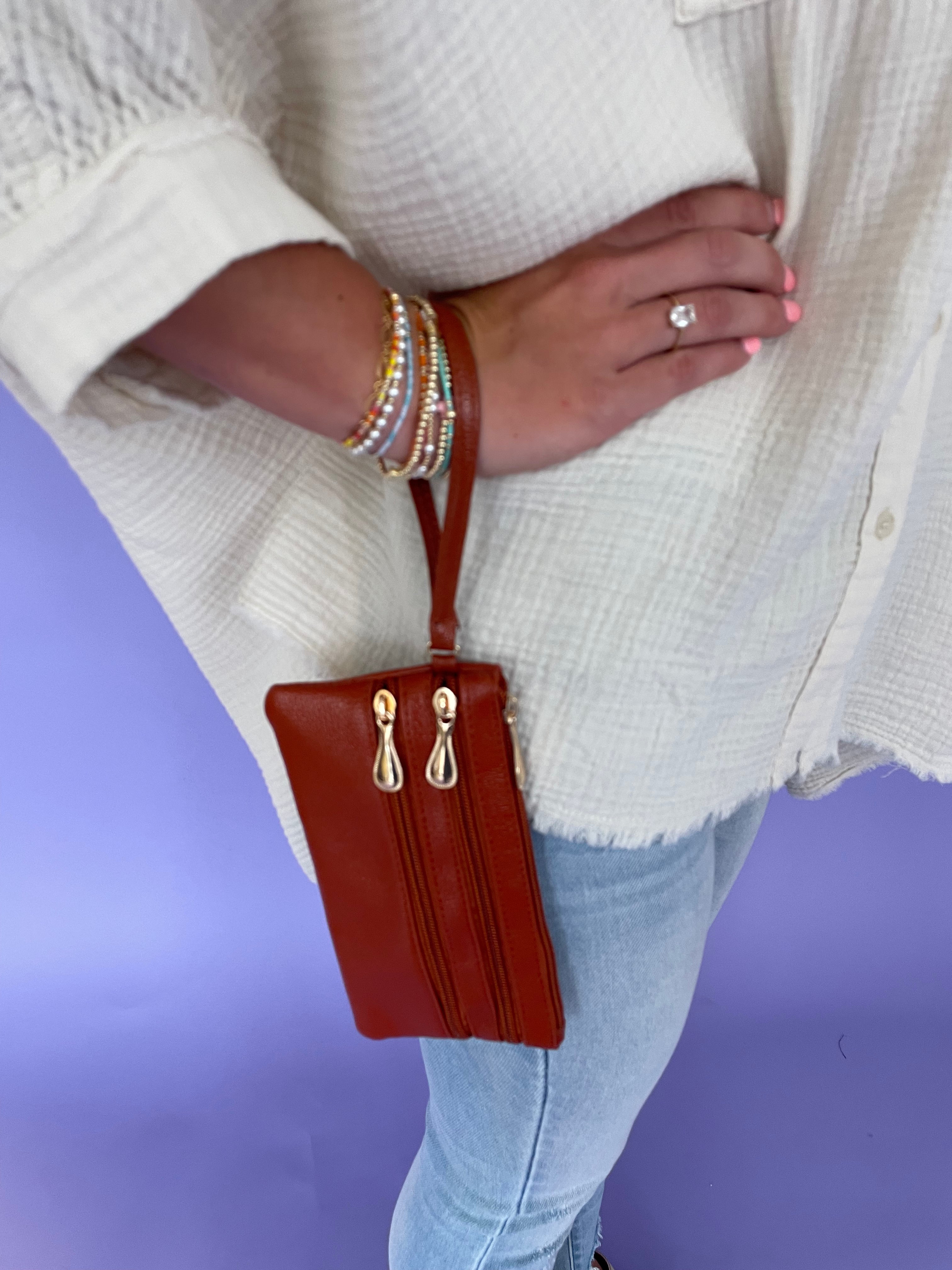 Camel Leather Wrist Clutch-Shop-Womens-Boutique-Clothing