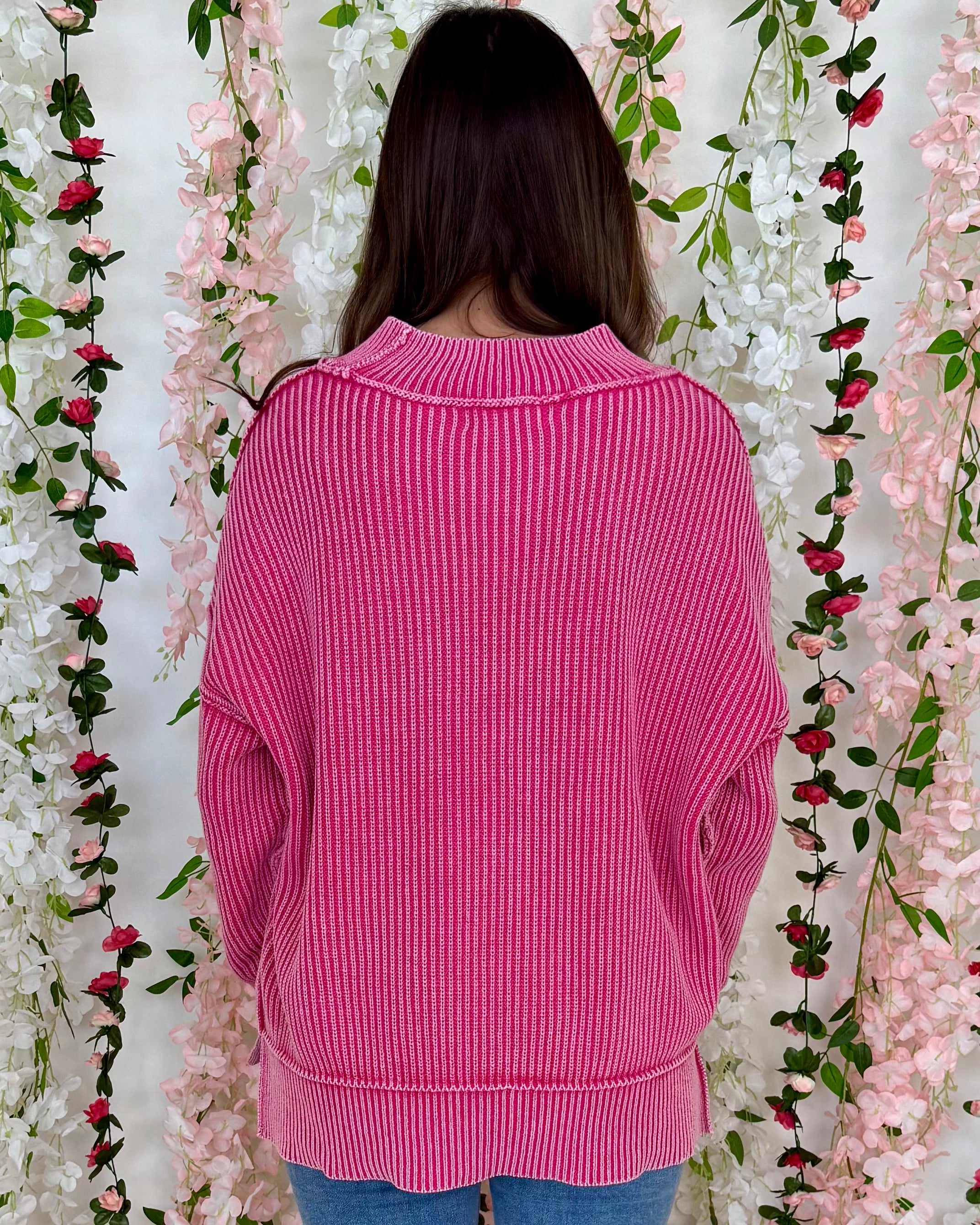 Pass By Hot Pink Washed Sweater-Shop-Womens-Boutique-Clothing