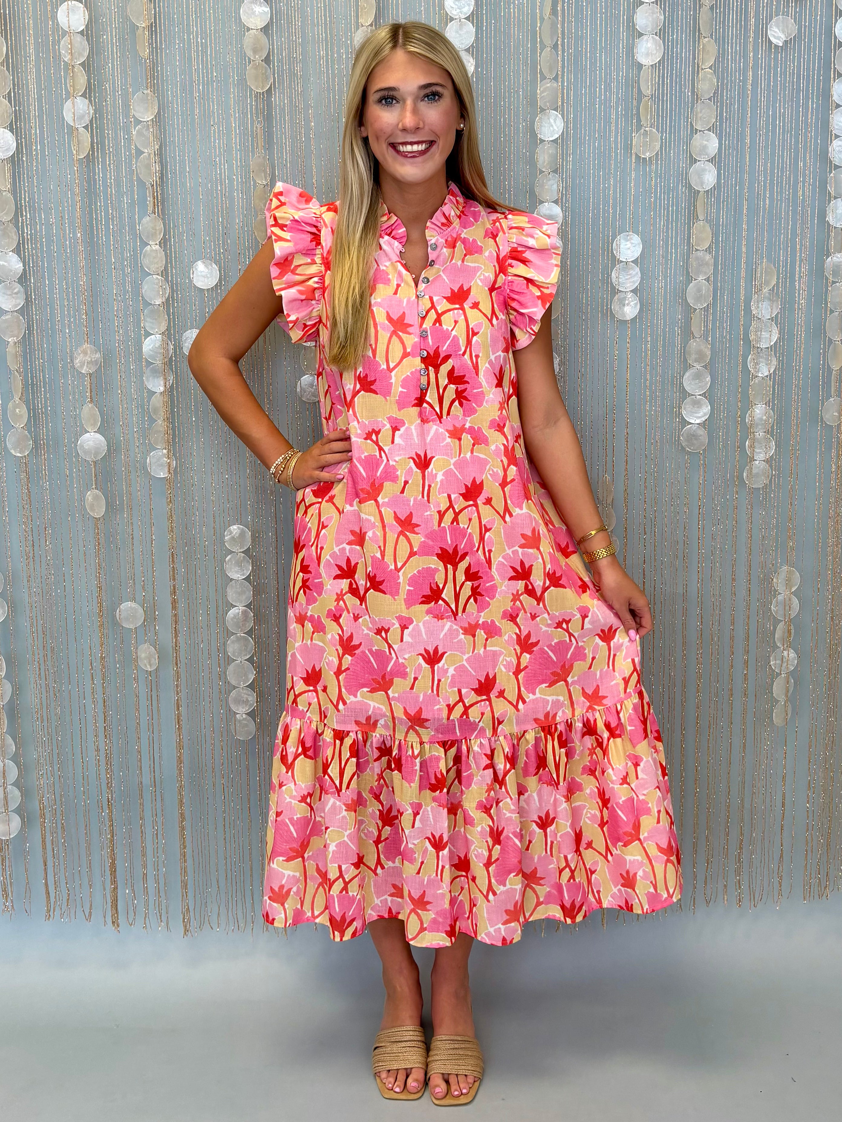 Daisy Dream Pink Combo Floral Ruffle Midi Dress-Shop-Womens-Boutique-Clothing