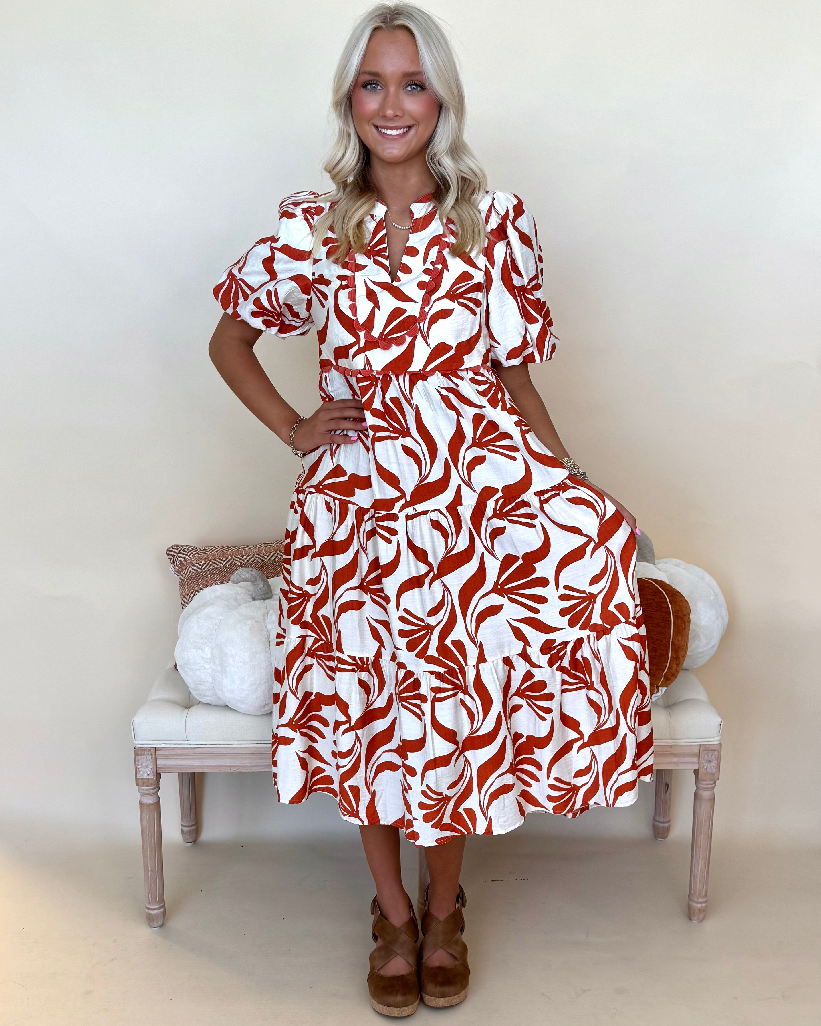 Sprucing Up Orange Print Tiered Midi Dress-Shop-Womens-Boutique-Clothing