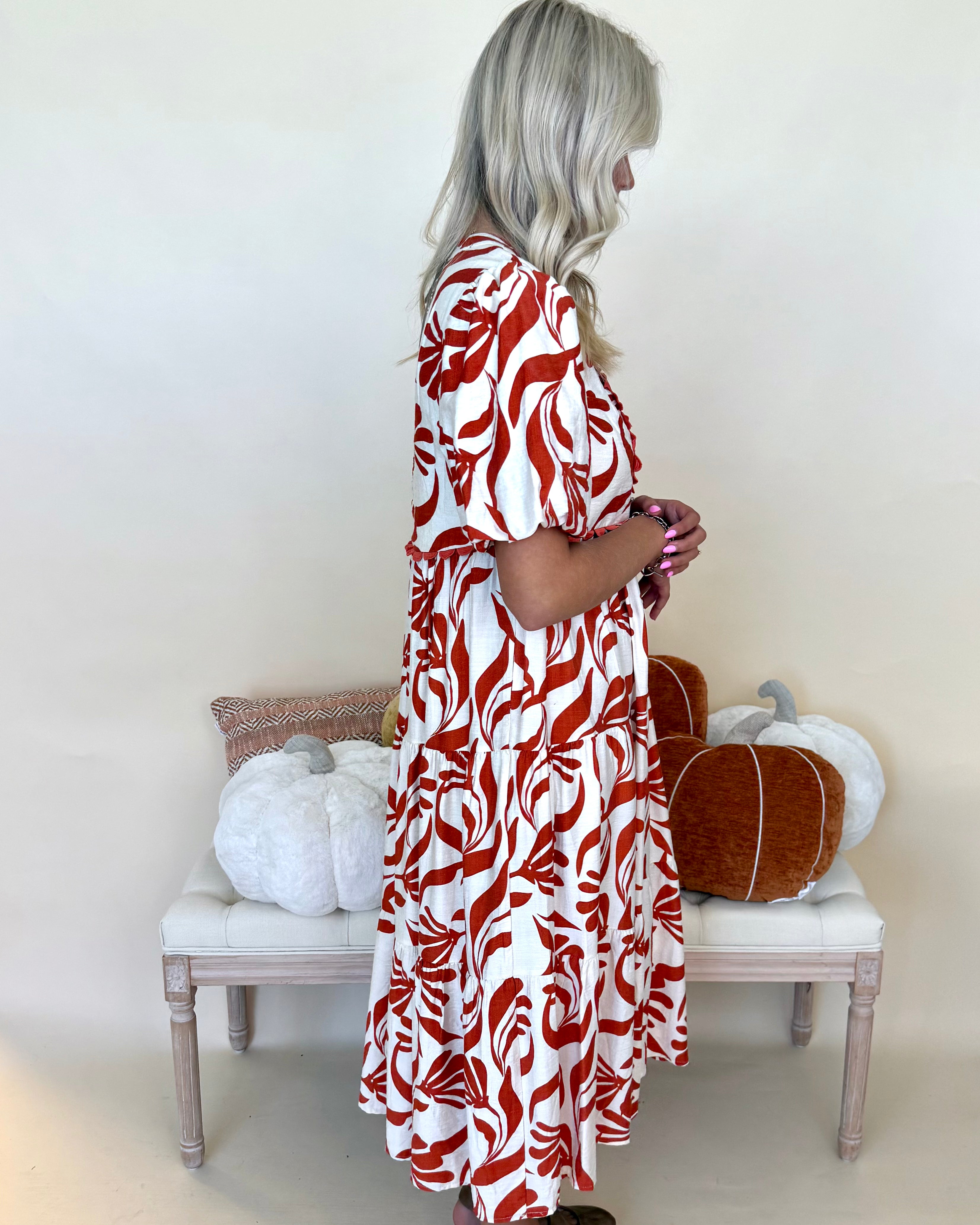 Sprucing Up Orange Print Tiered Midi Dress-Shop-Womens-Boutique-Clothing