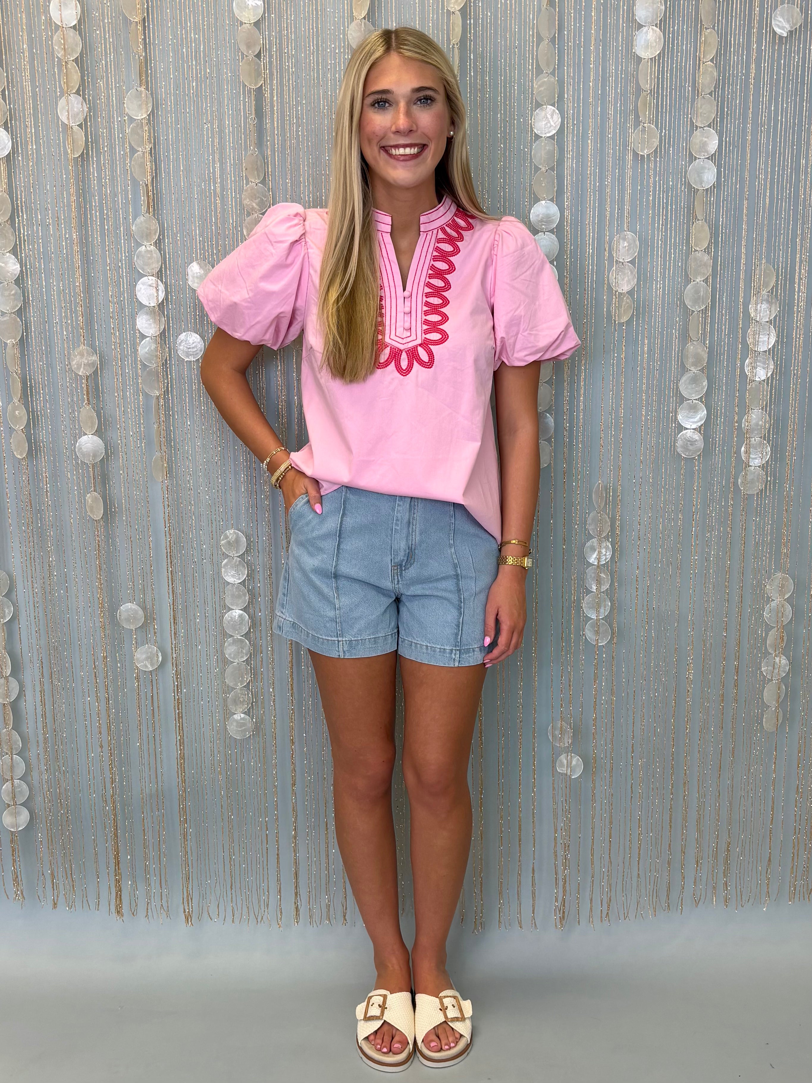 Palm Whisper Pink Embroidered V Notched Top-Shop-Womens-Boutique-Clothing