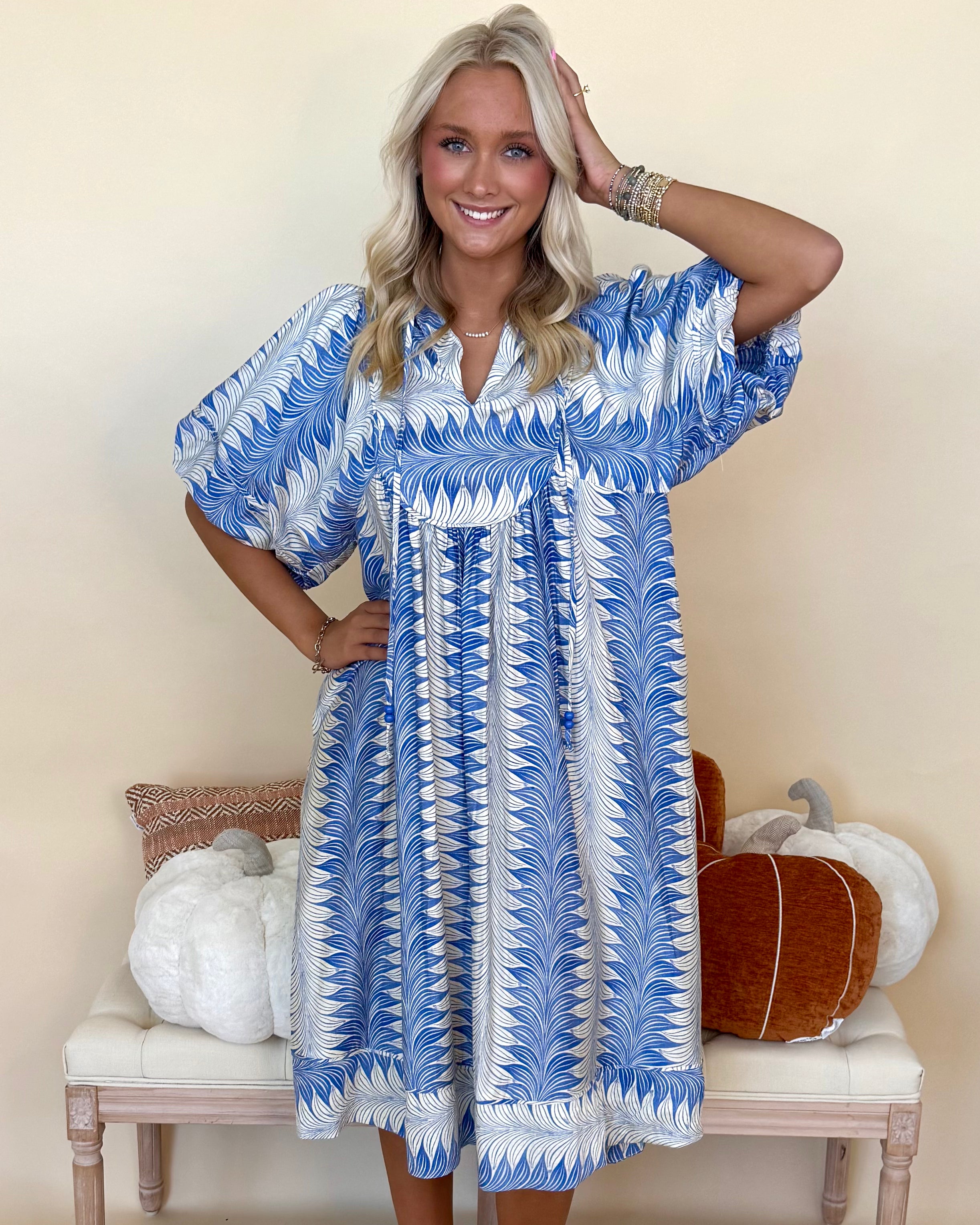 Serenity Song Blue Printed Tie Midi Dress-Shop-Womens-Boutique-Clothing