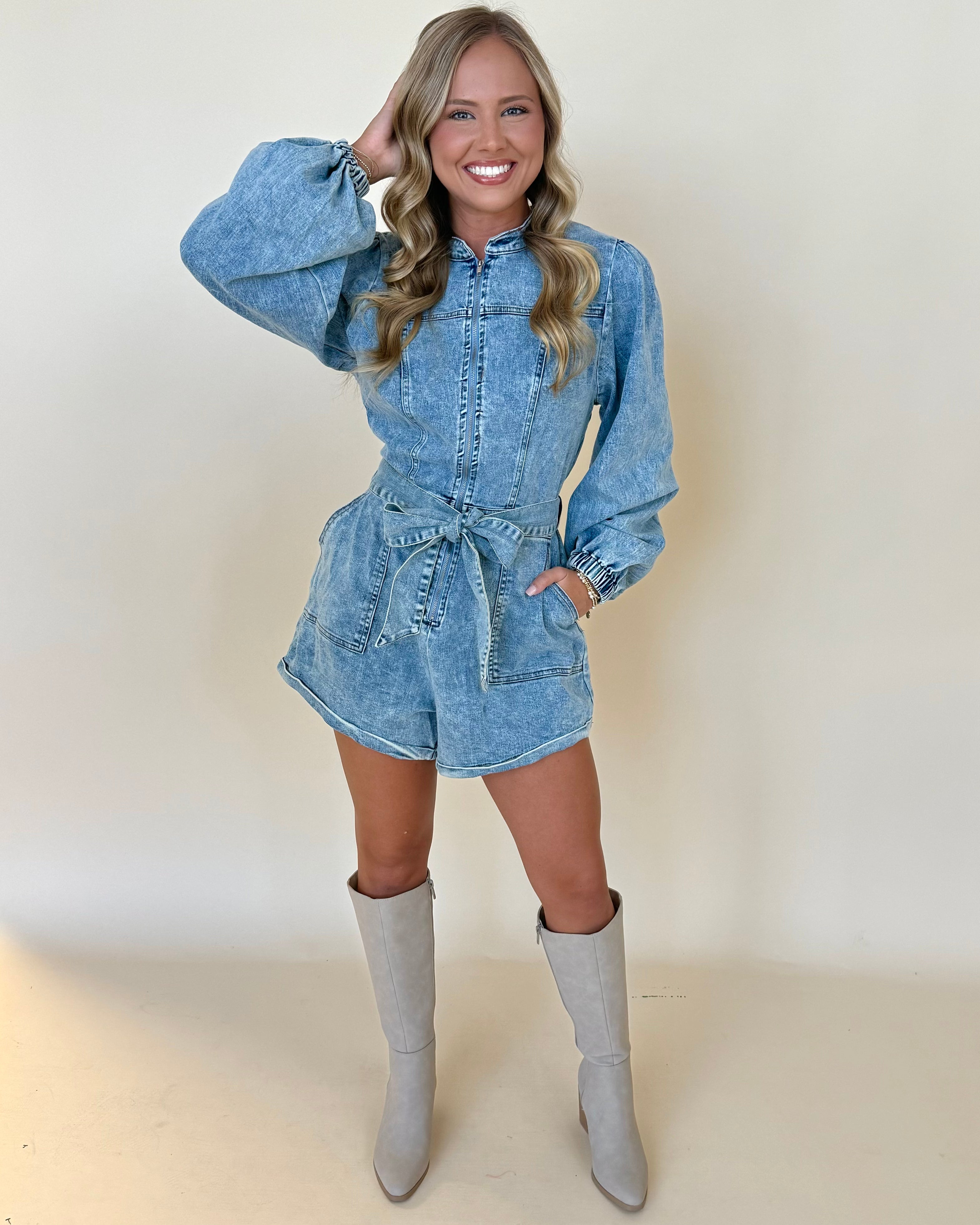 Forevermore Denim Zip Tie Romper-Shop-Womens-Boutique-Clothing