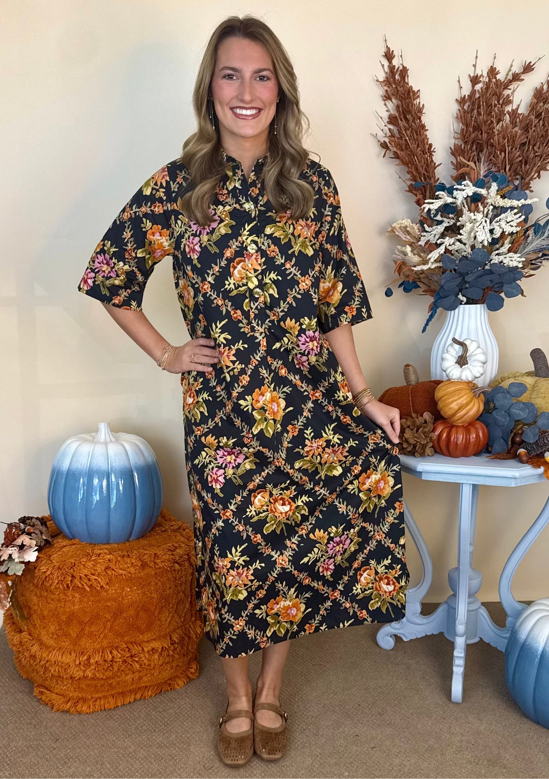 Cool Composure Black Floral Button Down Collared Midi Dress-Shop-Womens-Boutique-Clothing