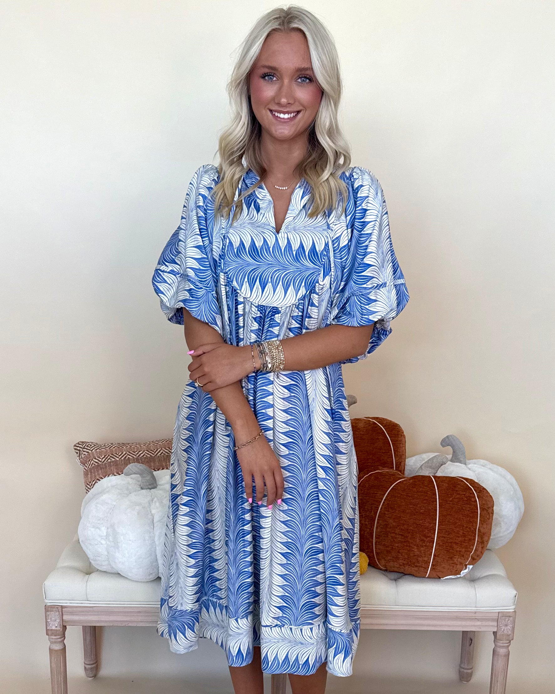 Serenity Song Blue Printed Tie Midi Dress-Shop-Womens-Boutique-Clothing