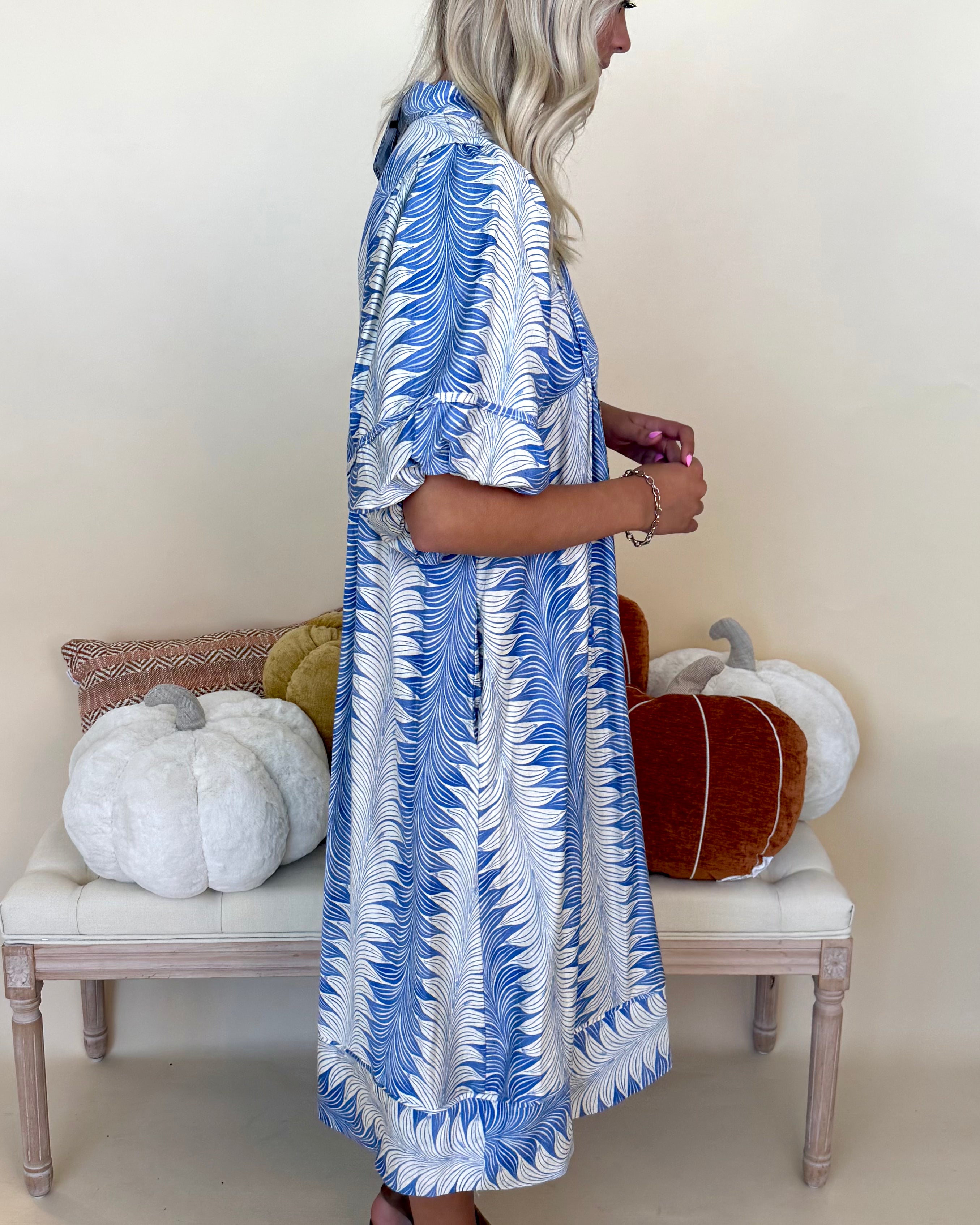 Serenity Song Blue Printed Tie Midi Dress-Shop-Womens-Boutique-Clothing