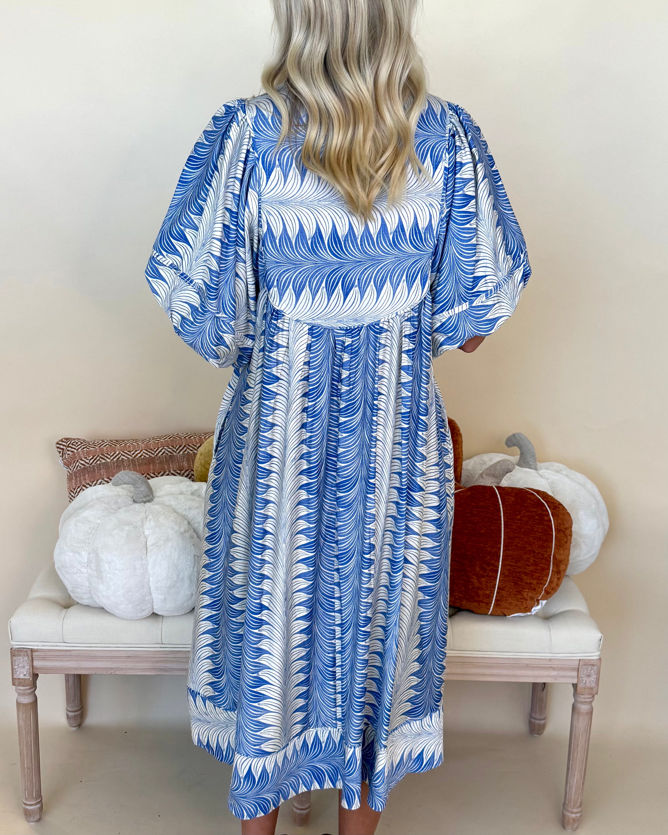Serenity Song Blue Printed Tie Midi Dress-Shop-Womens-Boutique-Clothing