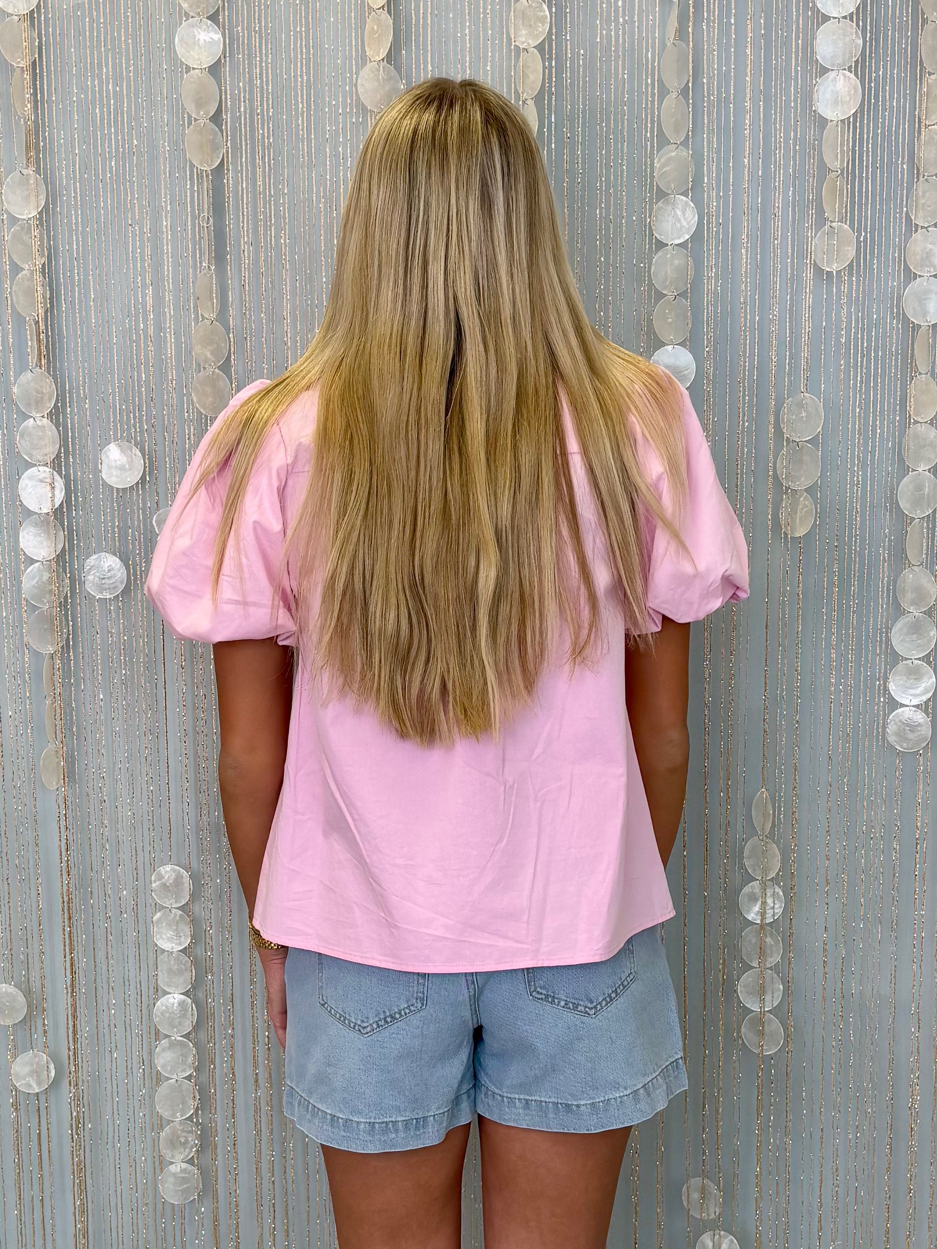 Palm Whisper Pink Embroidered V Notched Top-Shop-Womens-Boutique-Clothing