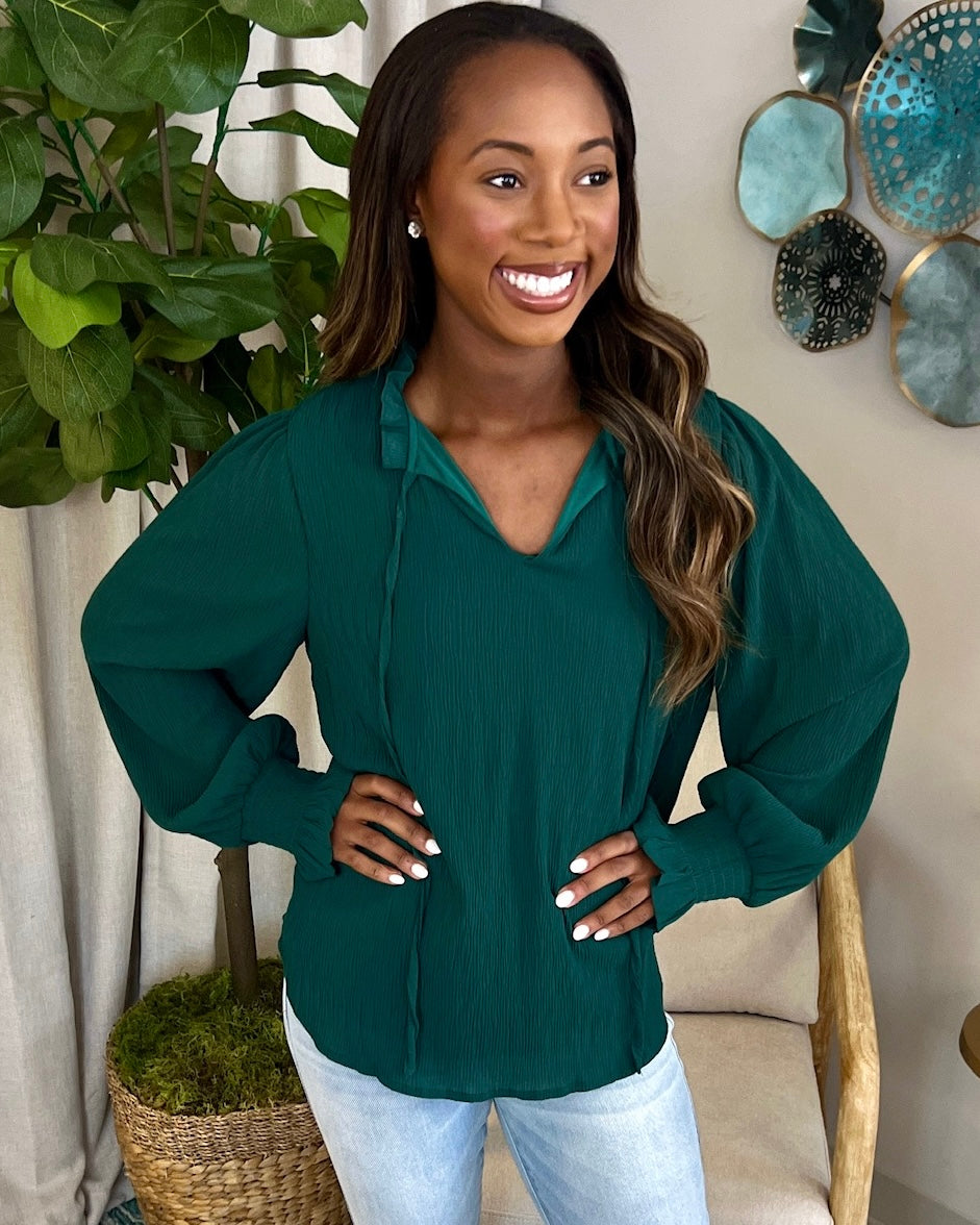 More Than Me Hunter Green Crinkle Top-Shop-Womens-Boutique-Clothing