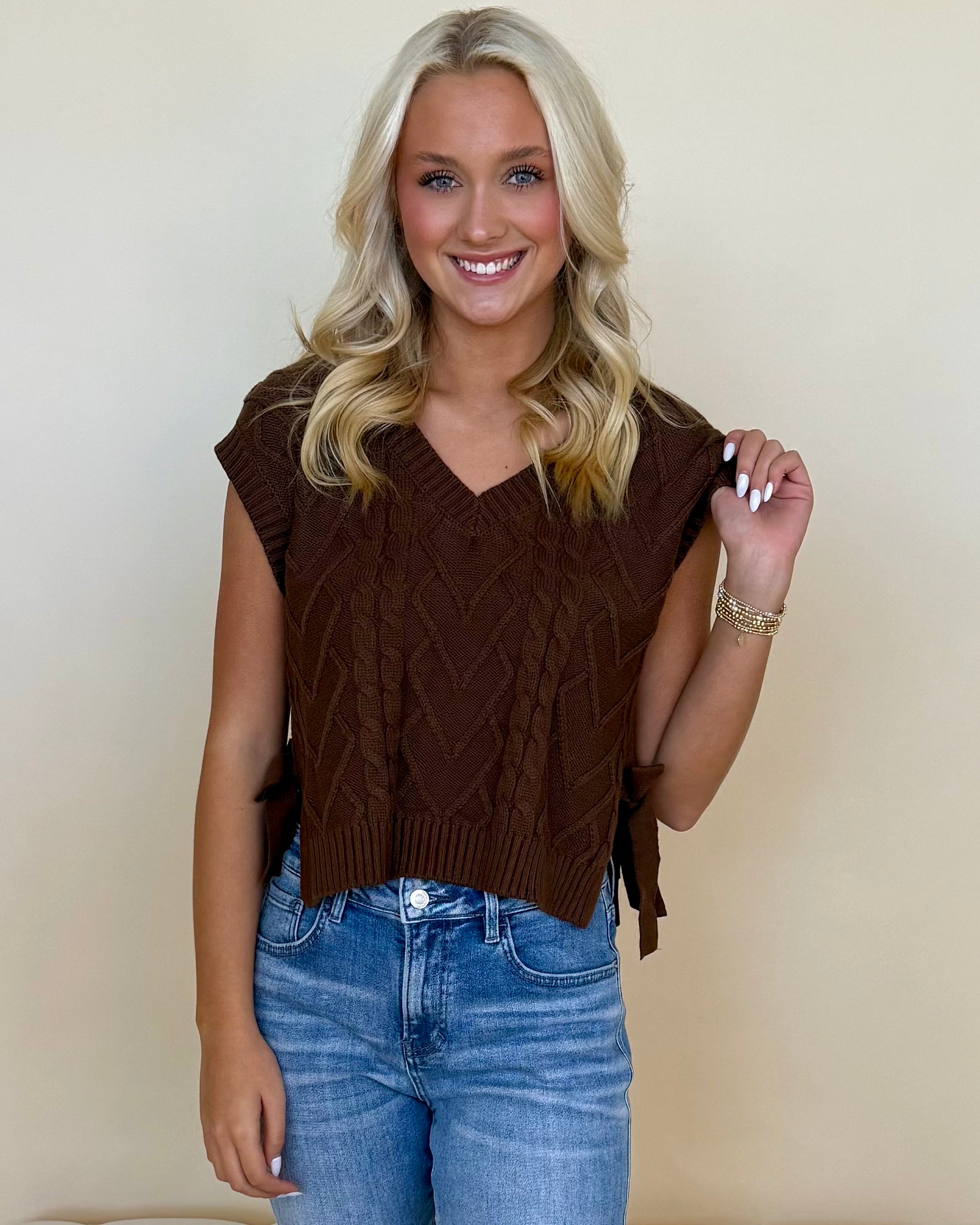 Easily Admired Brown V-Neck Cable Sweater-Shop-Womens-Boutique-Clothing
