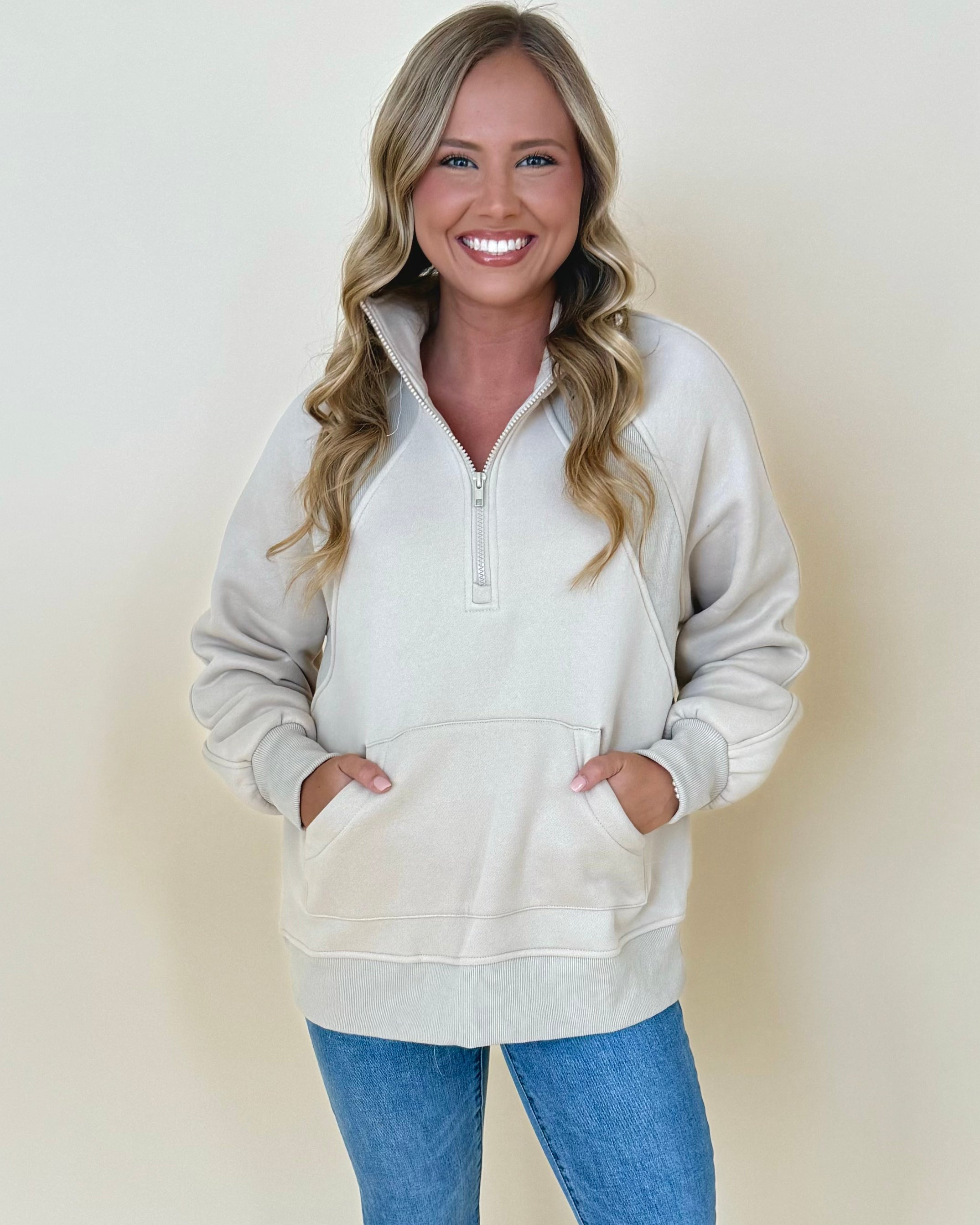 My Lead Khaki Half Zip Sweatshirt-Shop-Womens-Boutique-Clothing