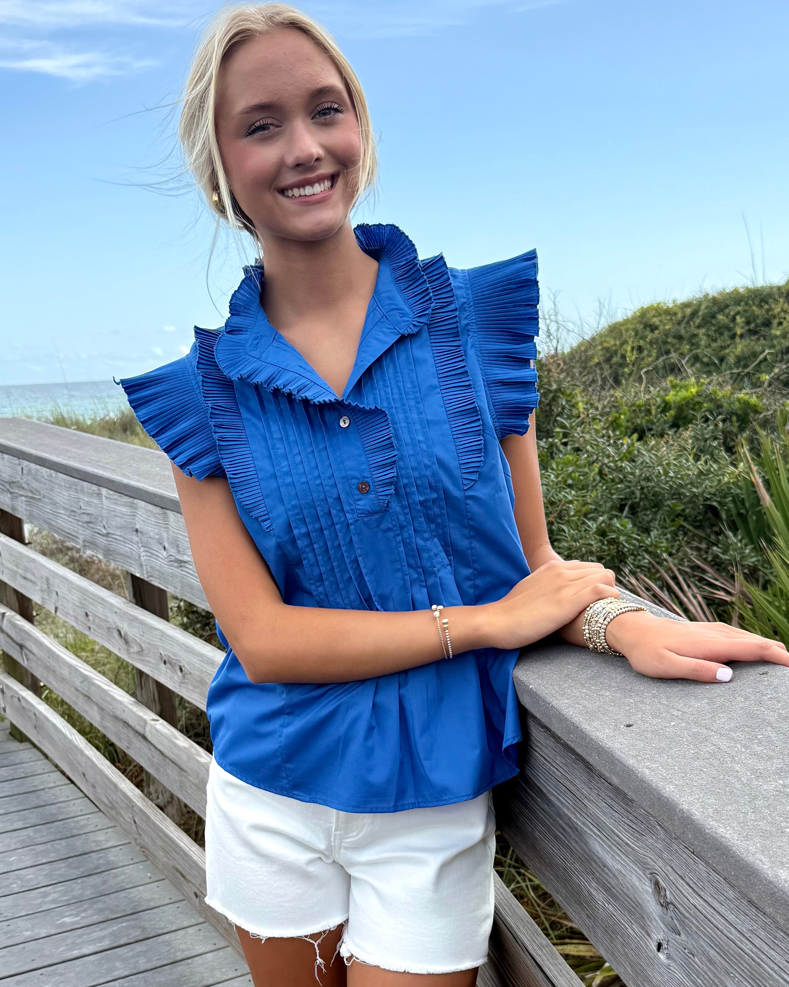 Darling Glance Blue Sleeveless Frill Top-Shop-Womens-Boutique-Clothing