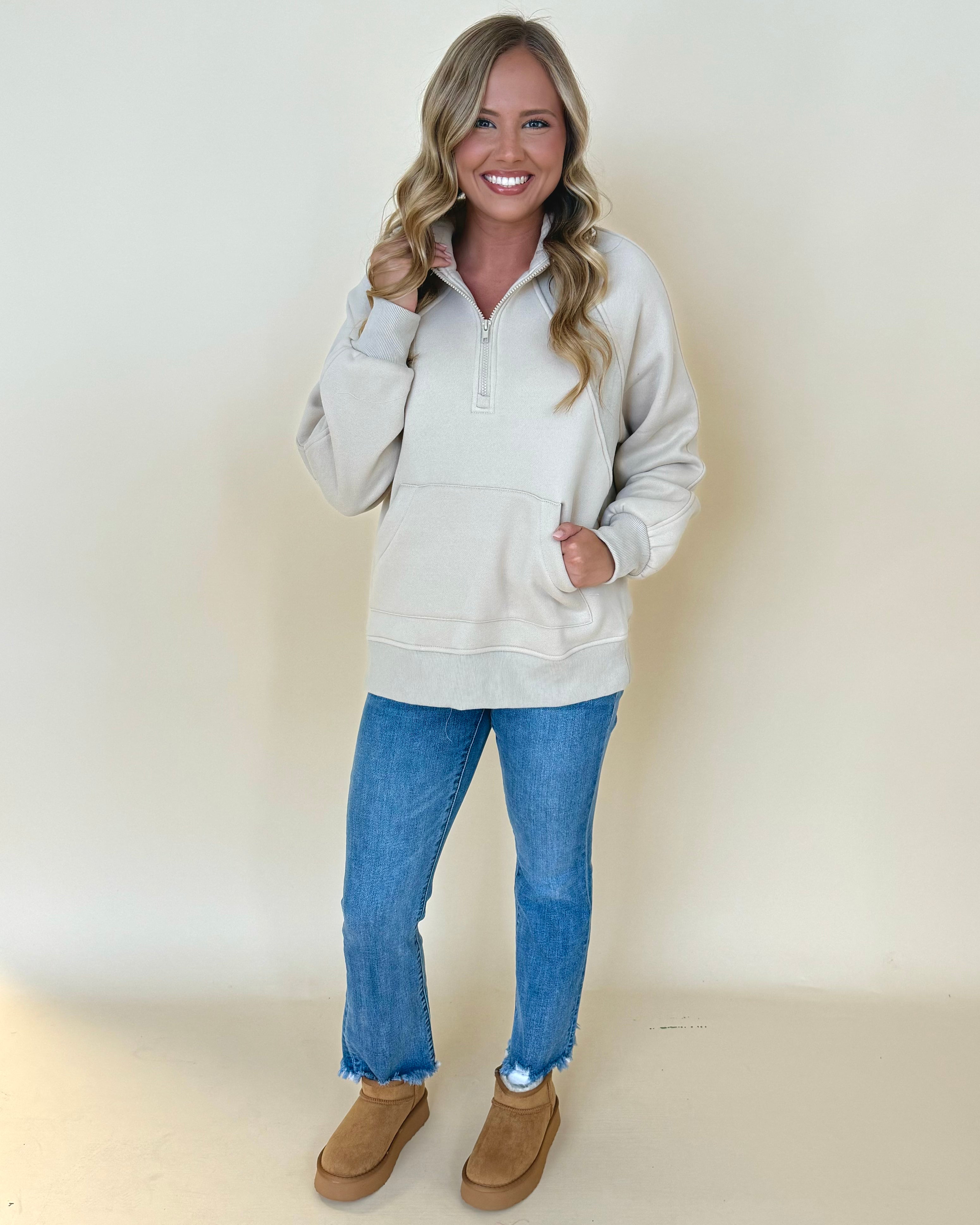 My Lead Khaki Half Zip Sweatshirt-Shop-Womens-Boutique-Clothing