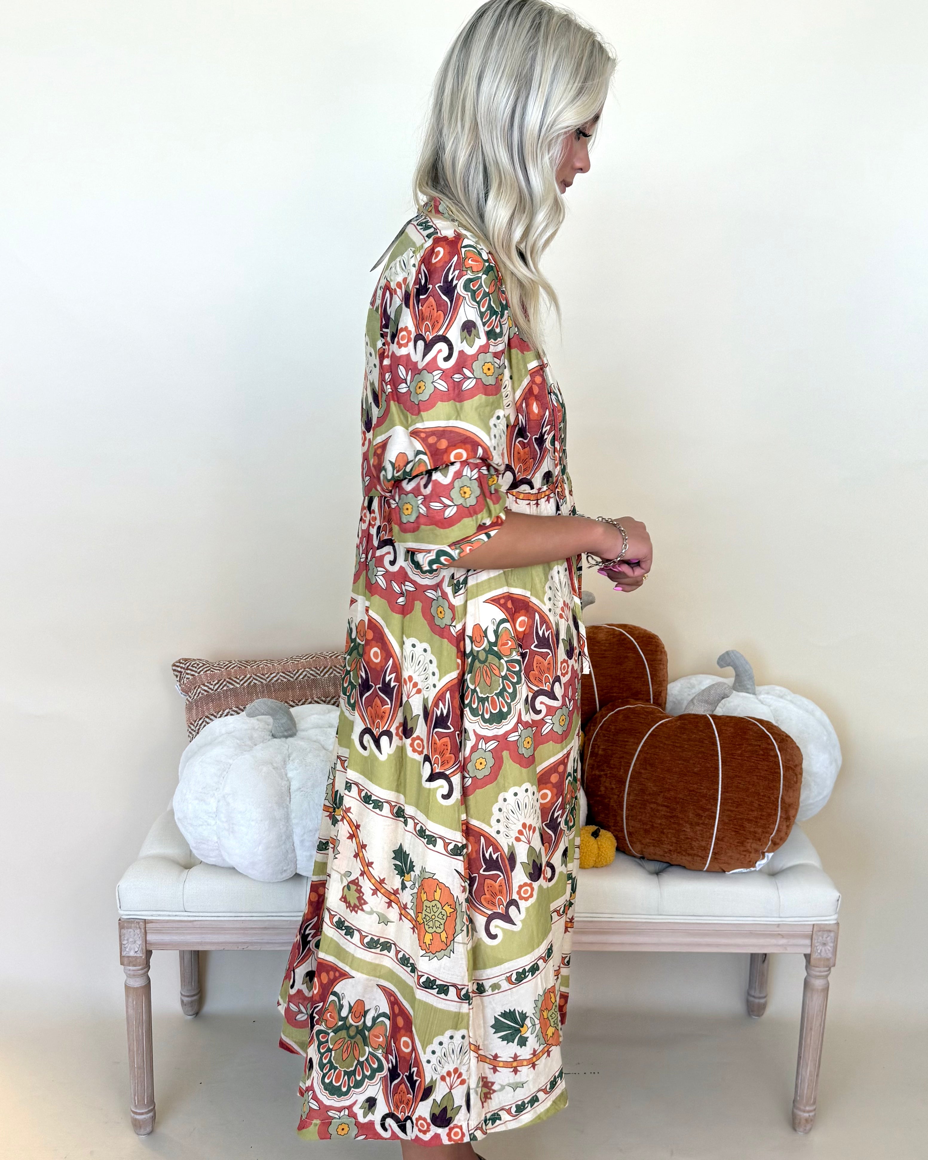 Unwavering Green Mix Print Midi Dress-Shop-Womens-Boutique-Clothing