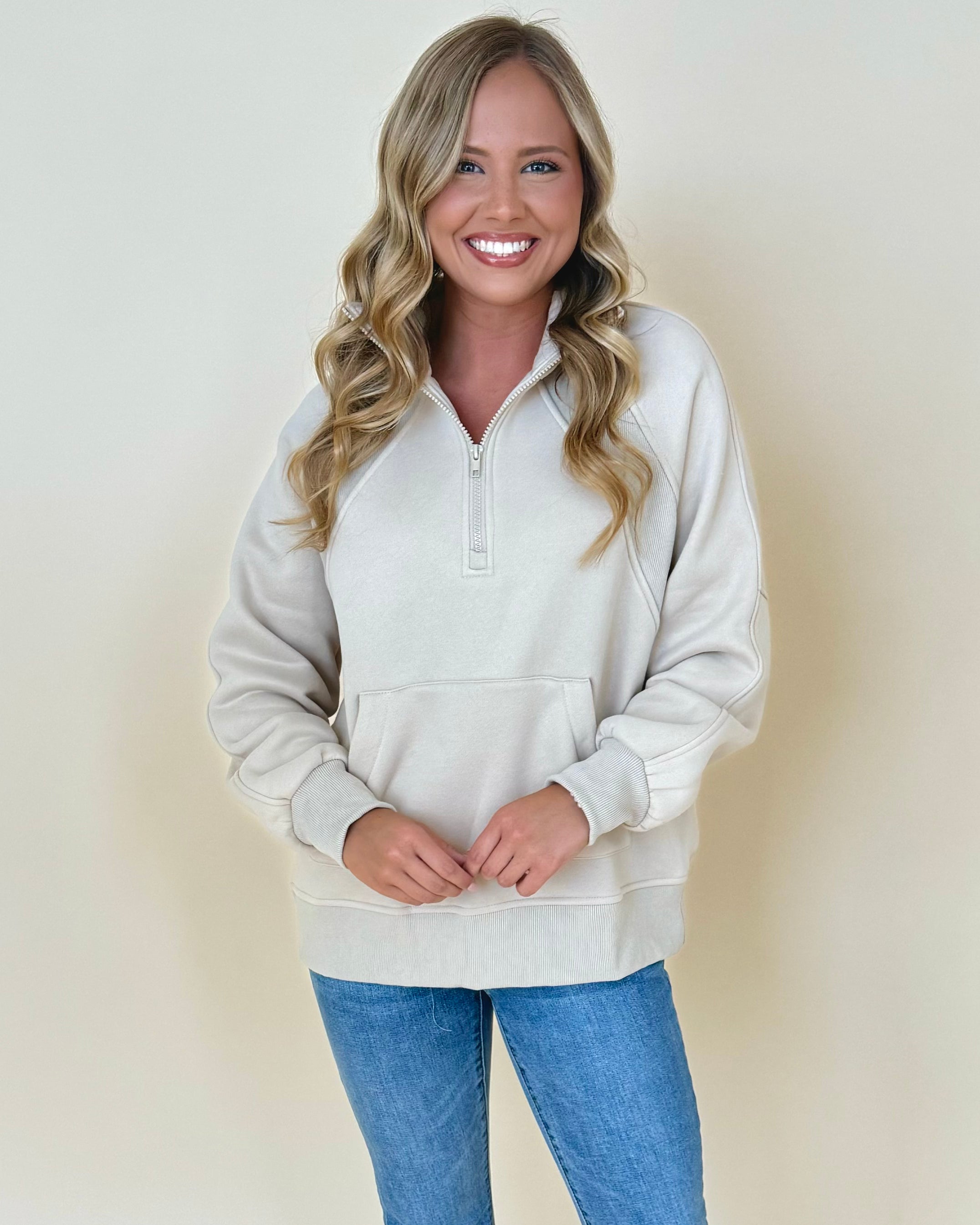 My Lead Khaki Half Zip Sweatshirt-Shop-Womens-Boutique-Clothing