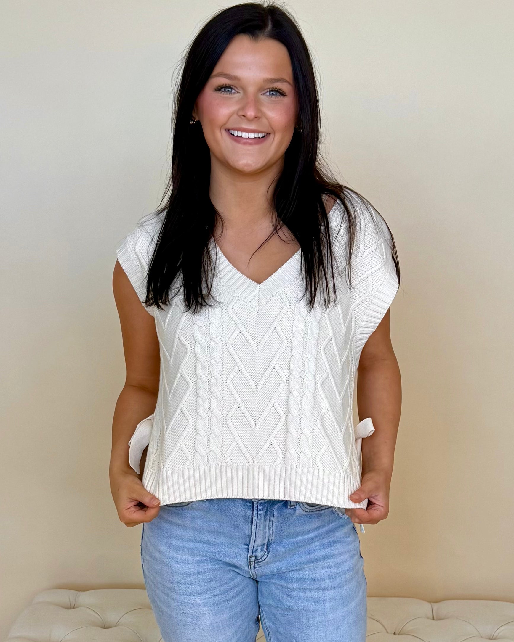 Easily Admired Cream V-Neck Cable Sweater-Shop-Womens-Boutique-Clothing