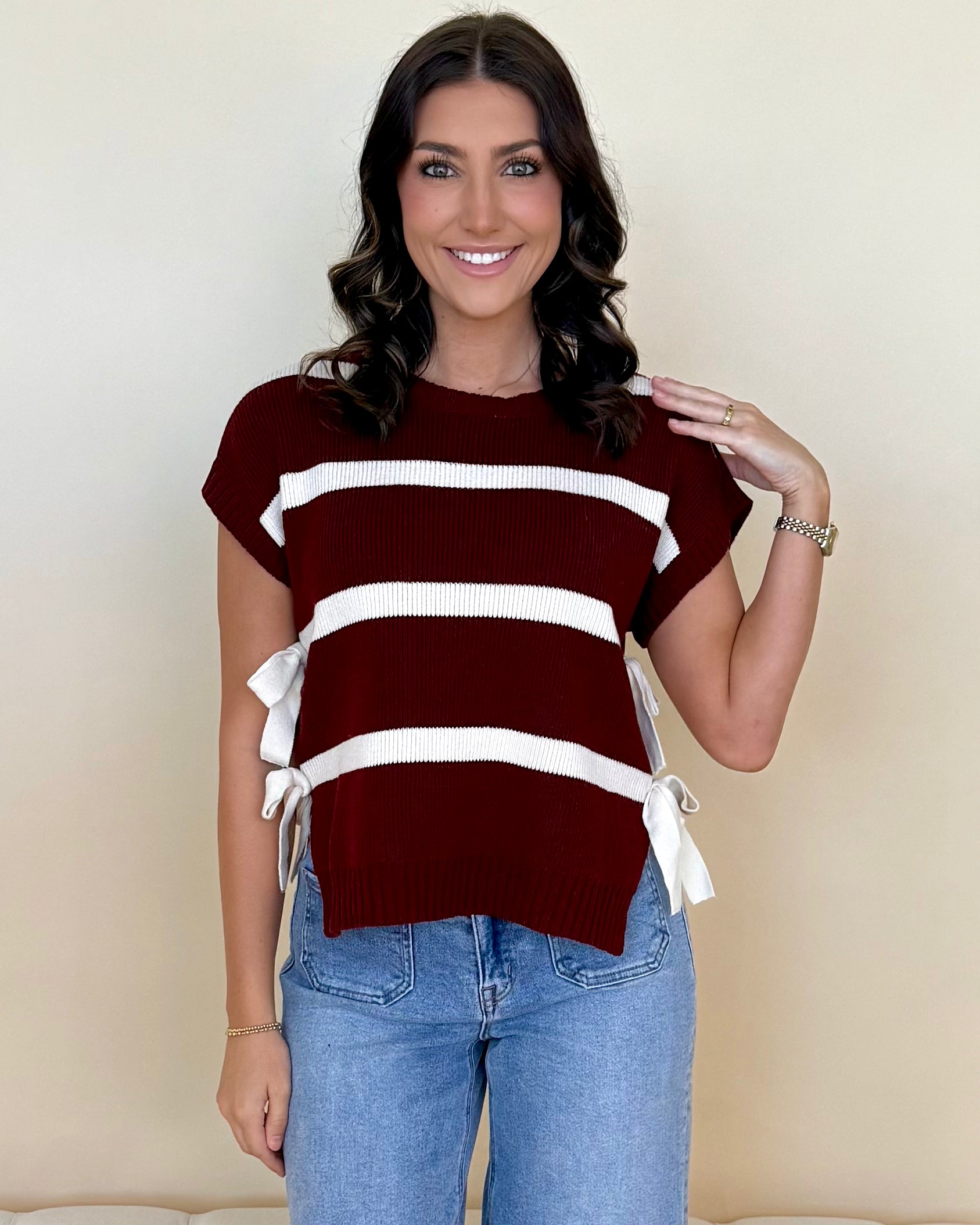 Pure Essence Burgundy Stripe Tie Sweater-Shop-Womens-Boutique-Clothing
