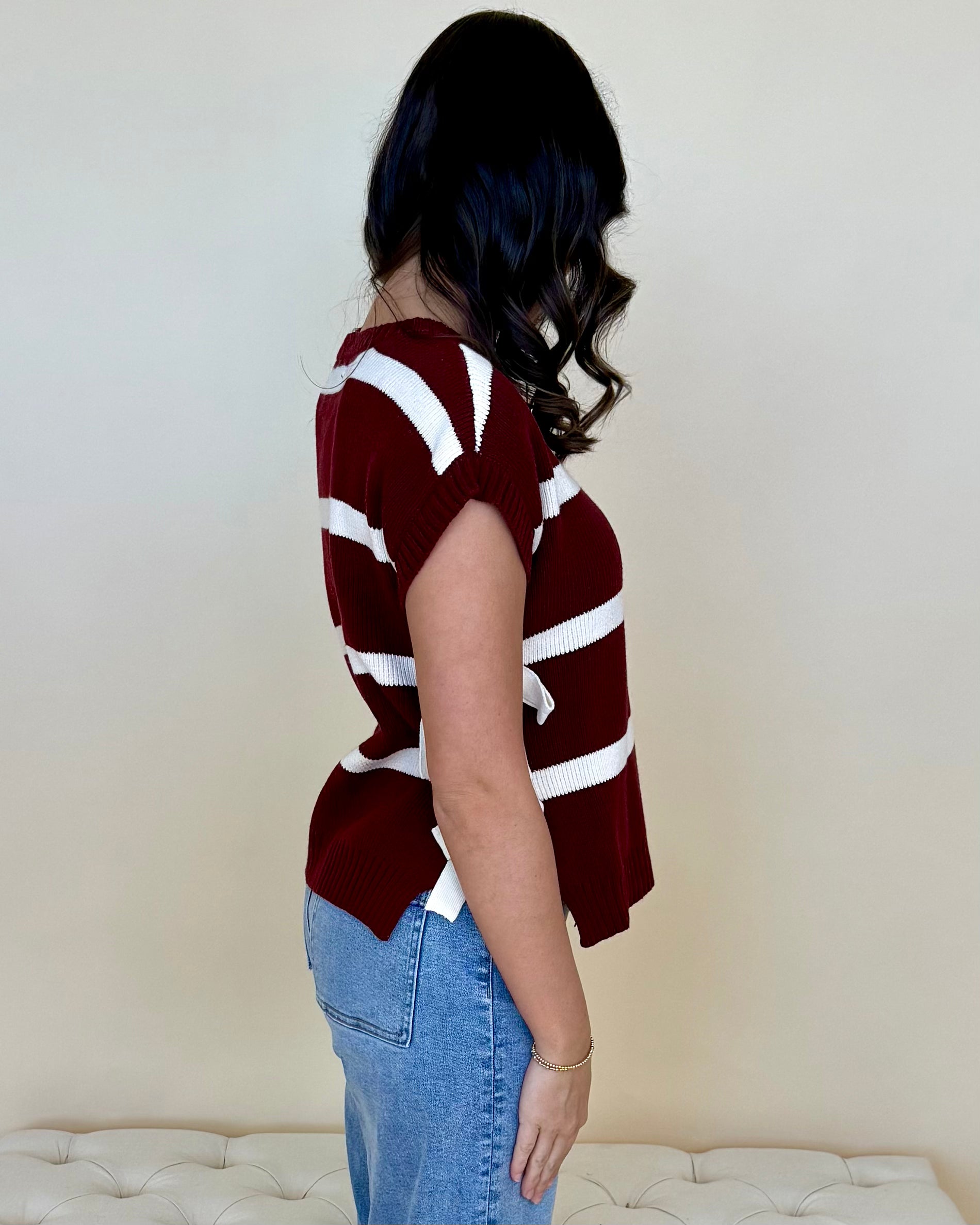 Pure Essence Burgundy Stripe Tie Sweater-Shop-Womens-Boutique-Clothing